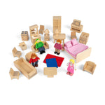 Wooden Dolls House Furniture Set & 4 Person Family