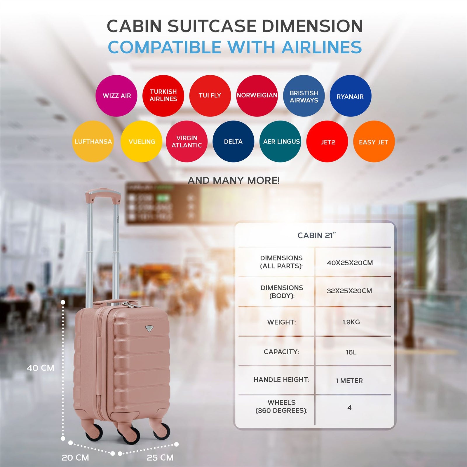 40x20x25cm Cabin Carry-on Suitcase - Lightweight, Durable, 4-wheel Luggage - 100+ Airlines Approved | Cabin | Rose