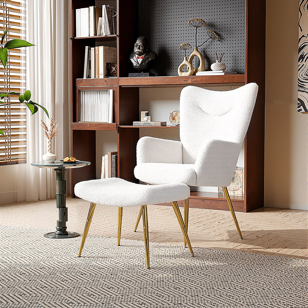 Accent Chair With Footstool Set – Sherpa Fleece Upholstered Armchair With Gold Metal Stool