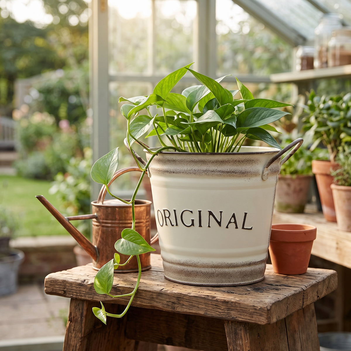 2-piece Retro Metal Plant Pot Set With Wooden Handle | Set of 2 | Cream & White