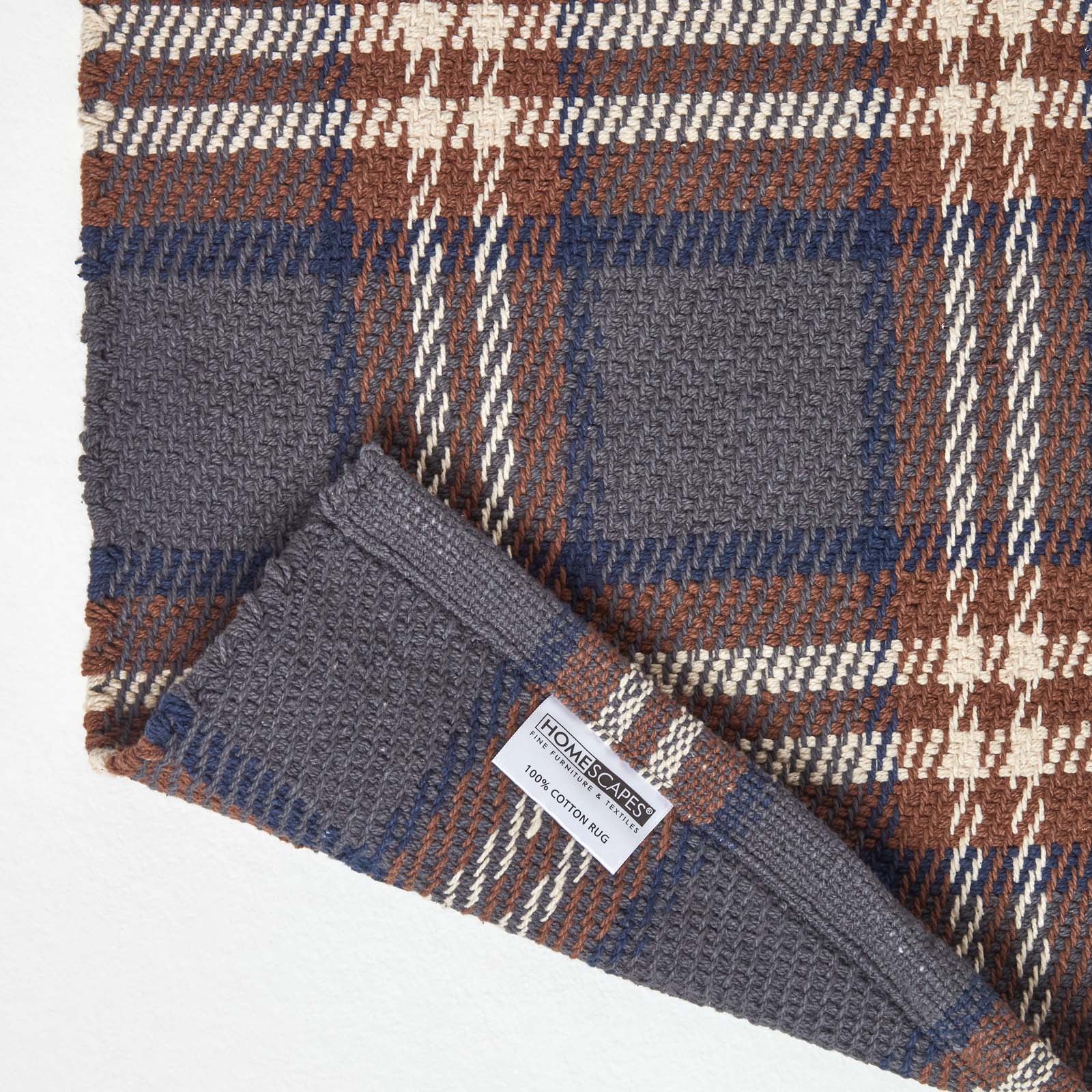 Wilson Handwoven Blue, Yellow And Brown Tartan 100% Cotton Rug | 200cm | Grey