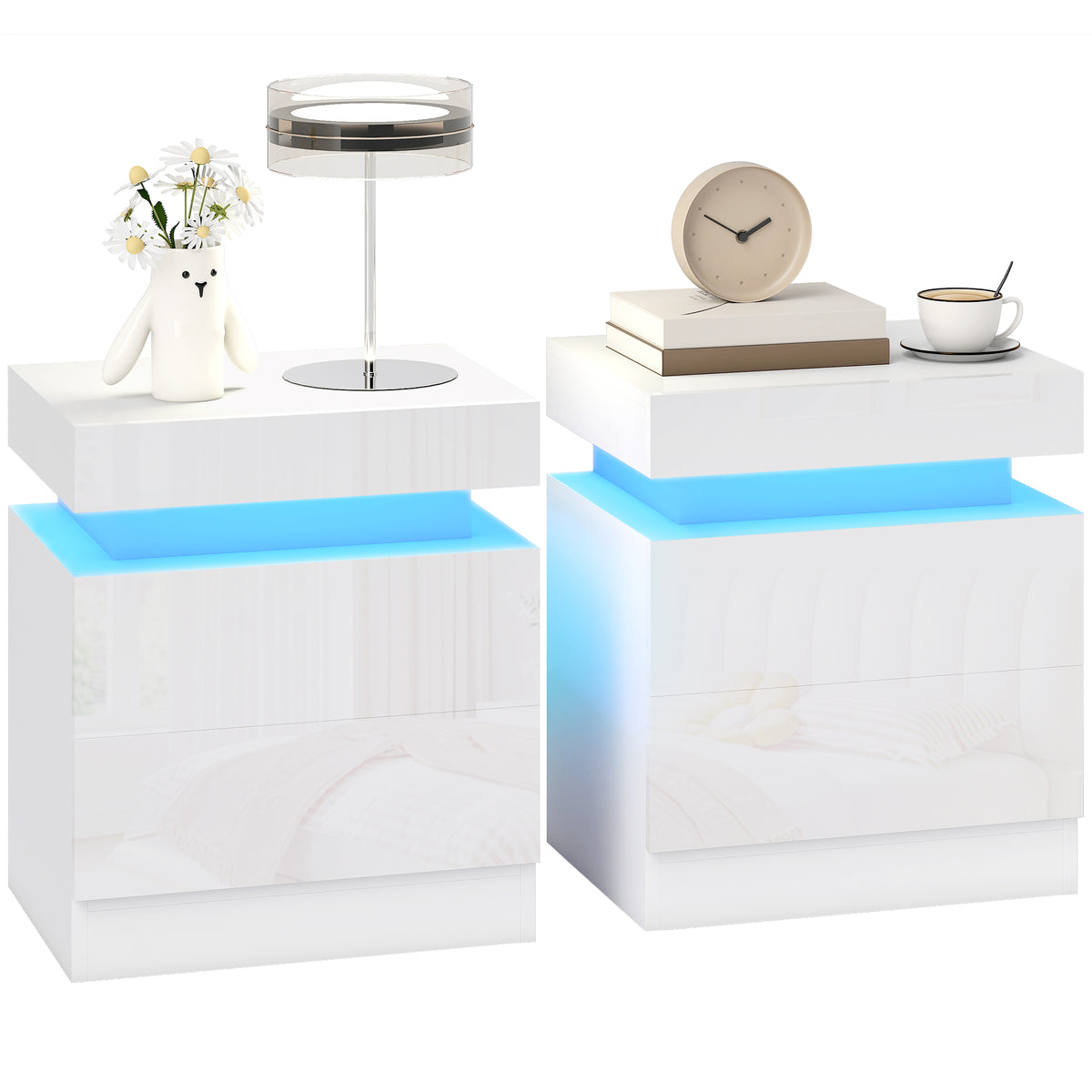 HOMCOM High Gloss Bedside Table With Led Light And 2 Drawers