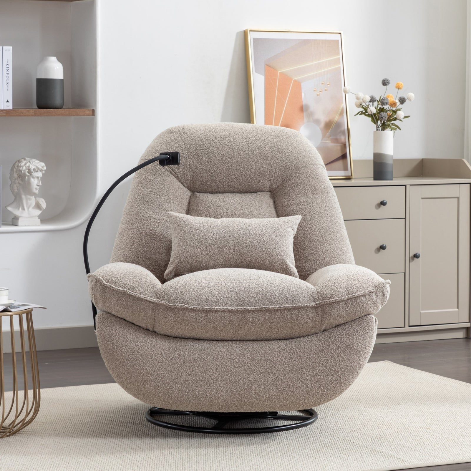 Fallon Boucle Fabric Swivel Based Recliner Chair Phone Holder | Pale Brown