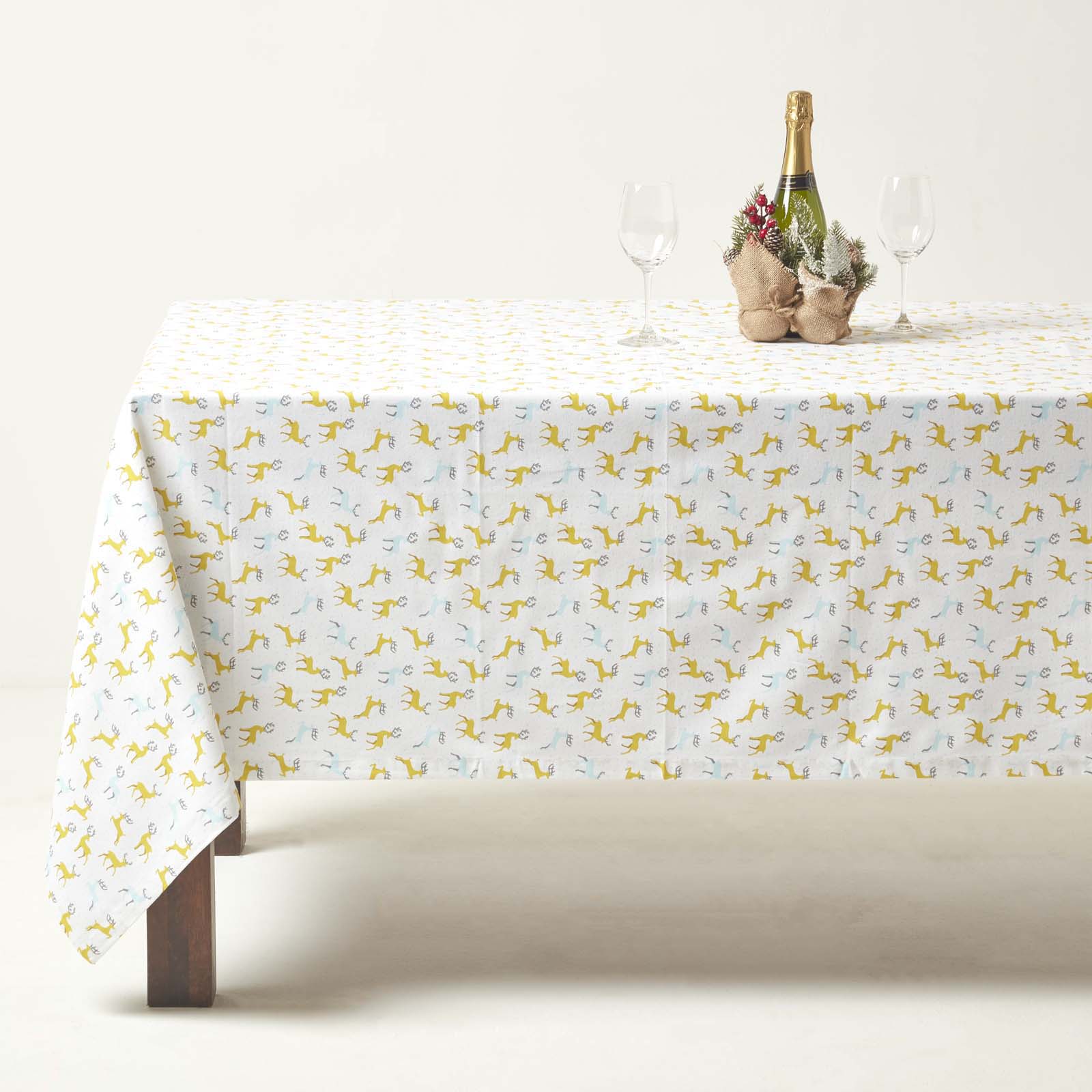 Majestic Stag 100% Cotton Grey Christmas Tablecloth | 137 x 229cm | Yellow & Grey