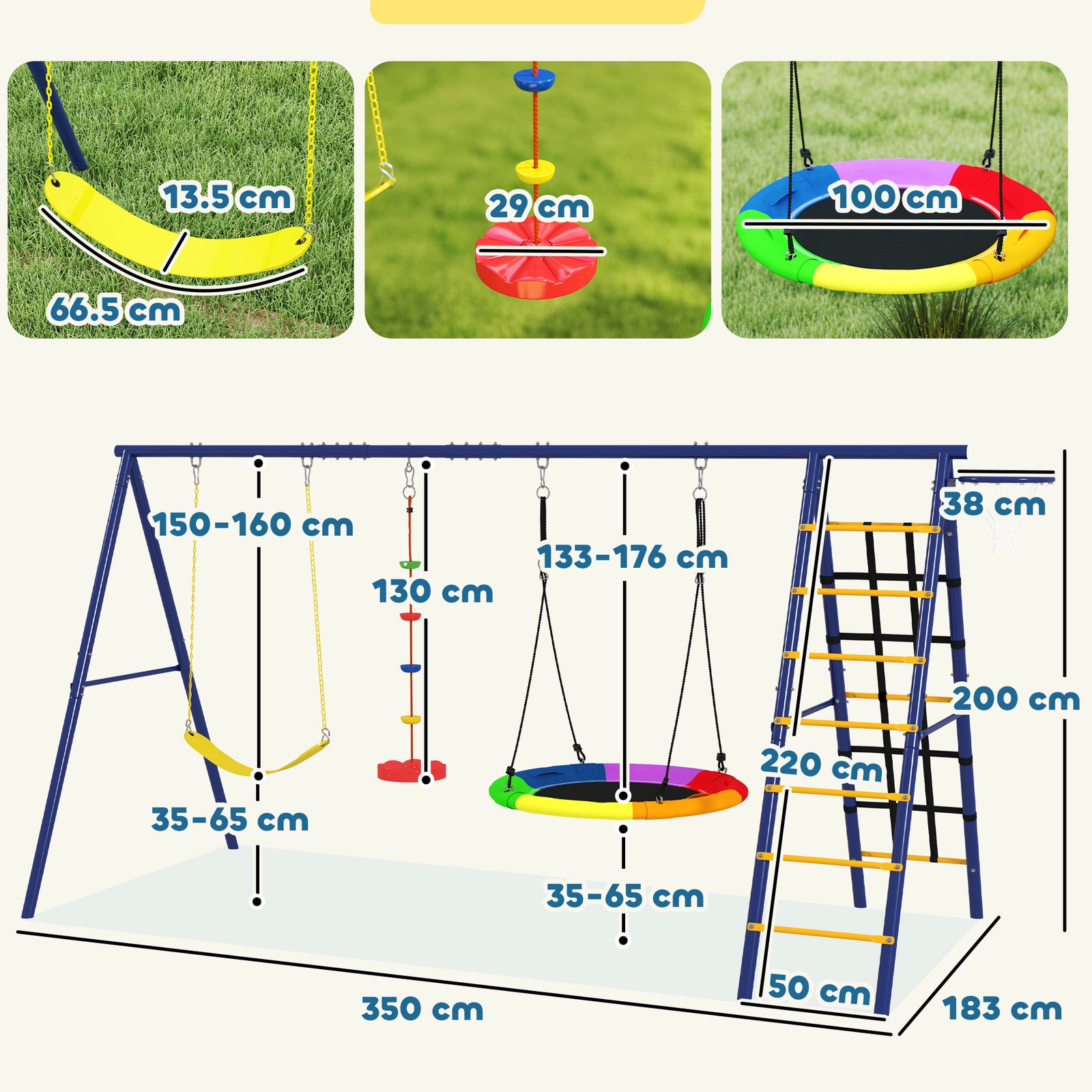 6 In 1 Kids Swing Set With 3 Swings, Basketball Hoop, Climbing Ladder & Net