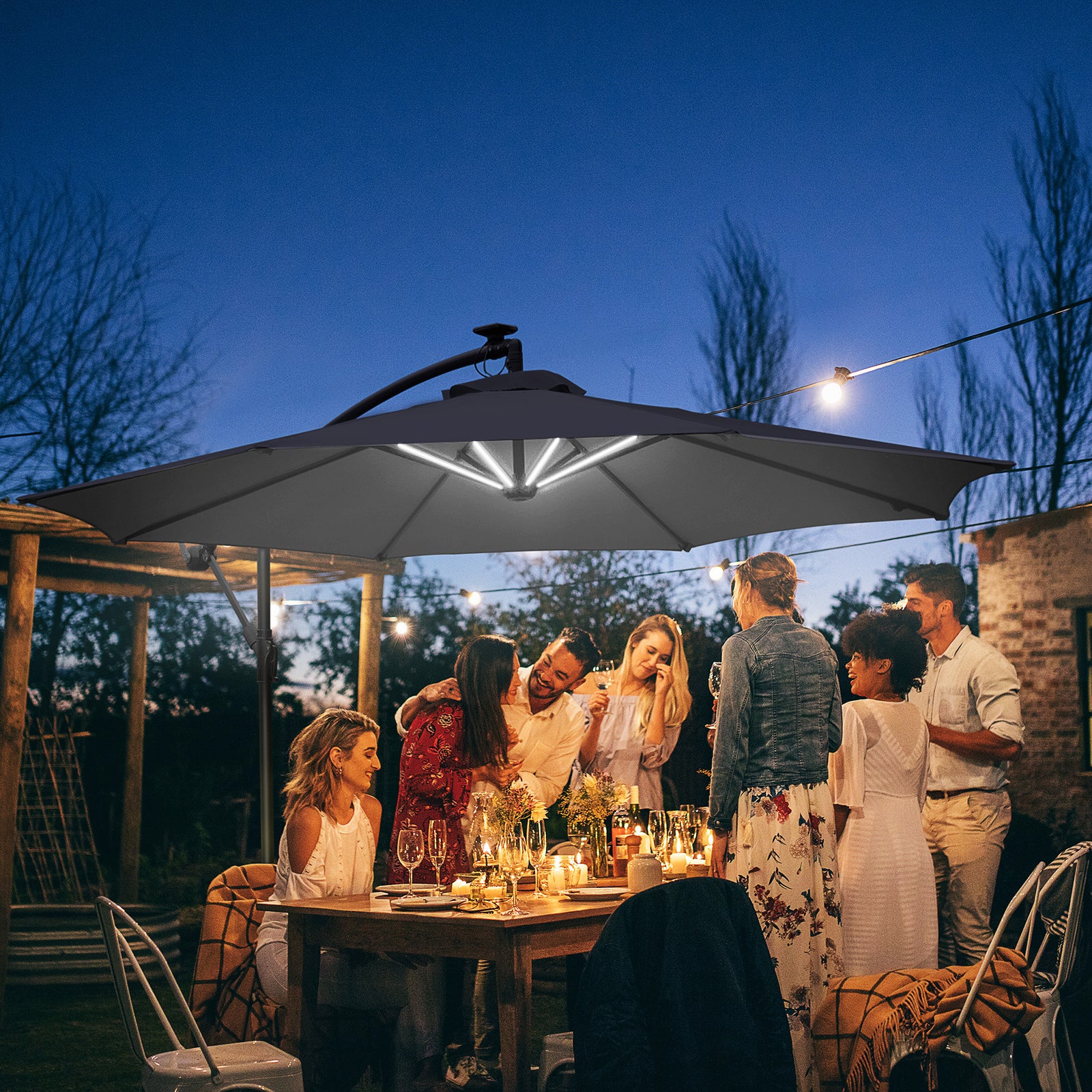 3m Led Patio Parasol W/ Solar Lights & Base | Black