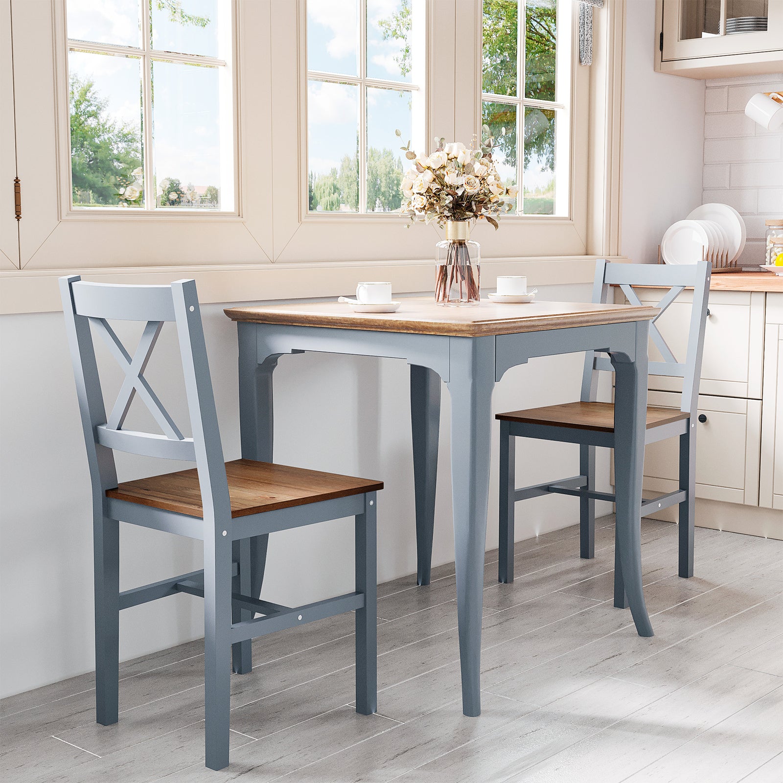 Wood Dining Chairs Set Of 2 W/ Cross Back | Gray