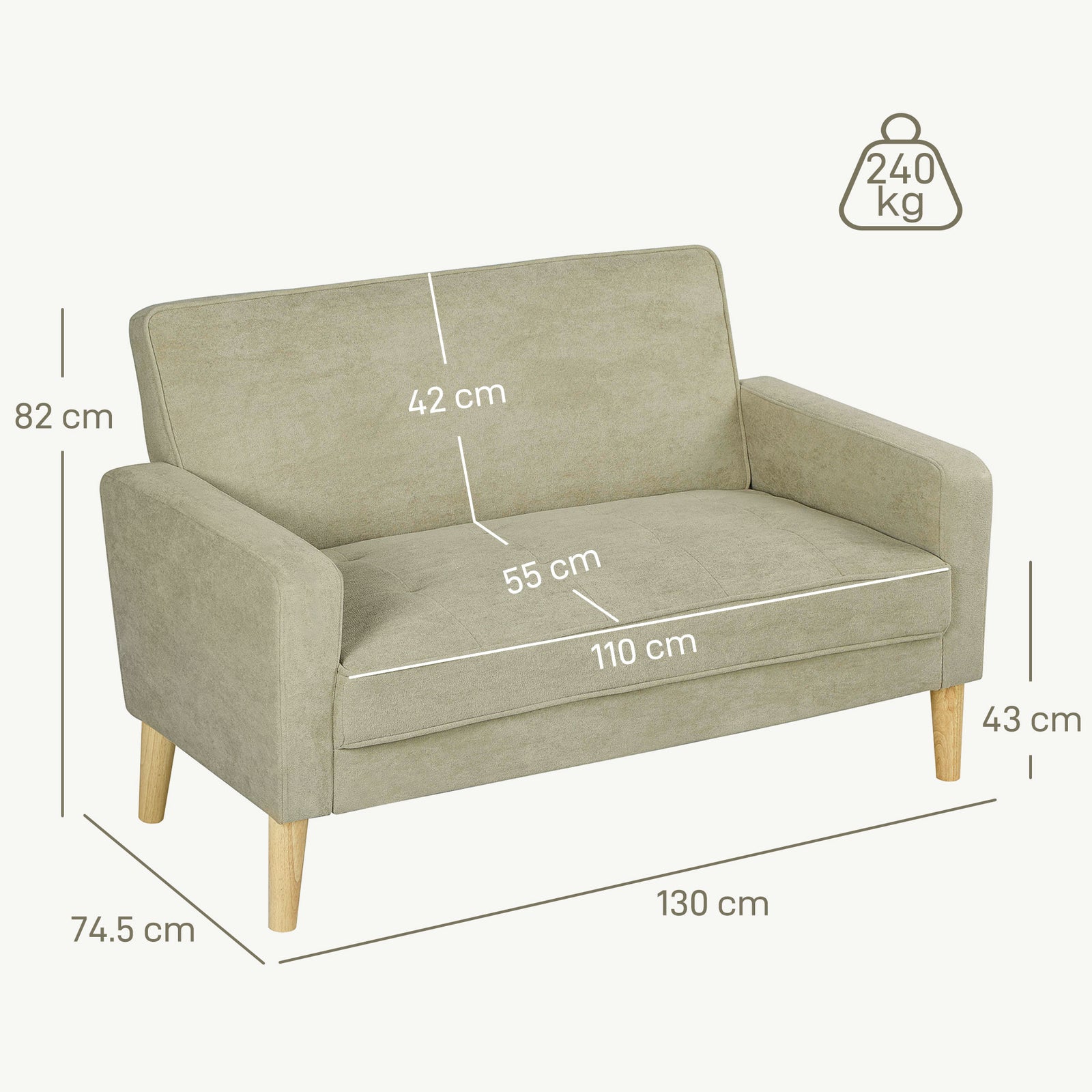 2 Seater Sofa, Velvet-feel Upholstered Loveseat For Small Space | Beige
