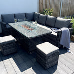 The Croft 8 Seat Corner Gas Firepit Rattan Dining Set | Dark Grey