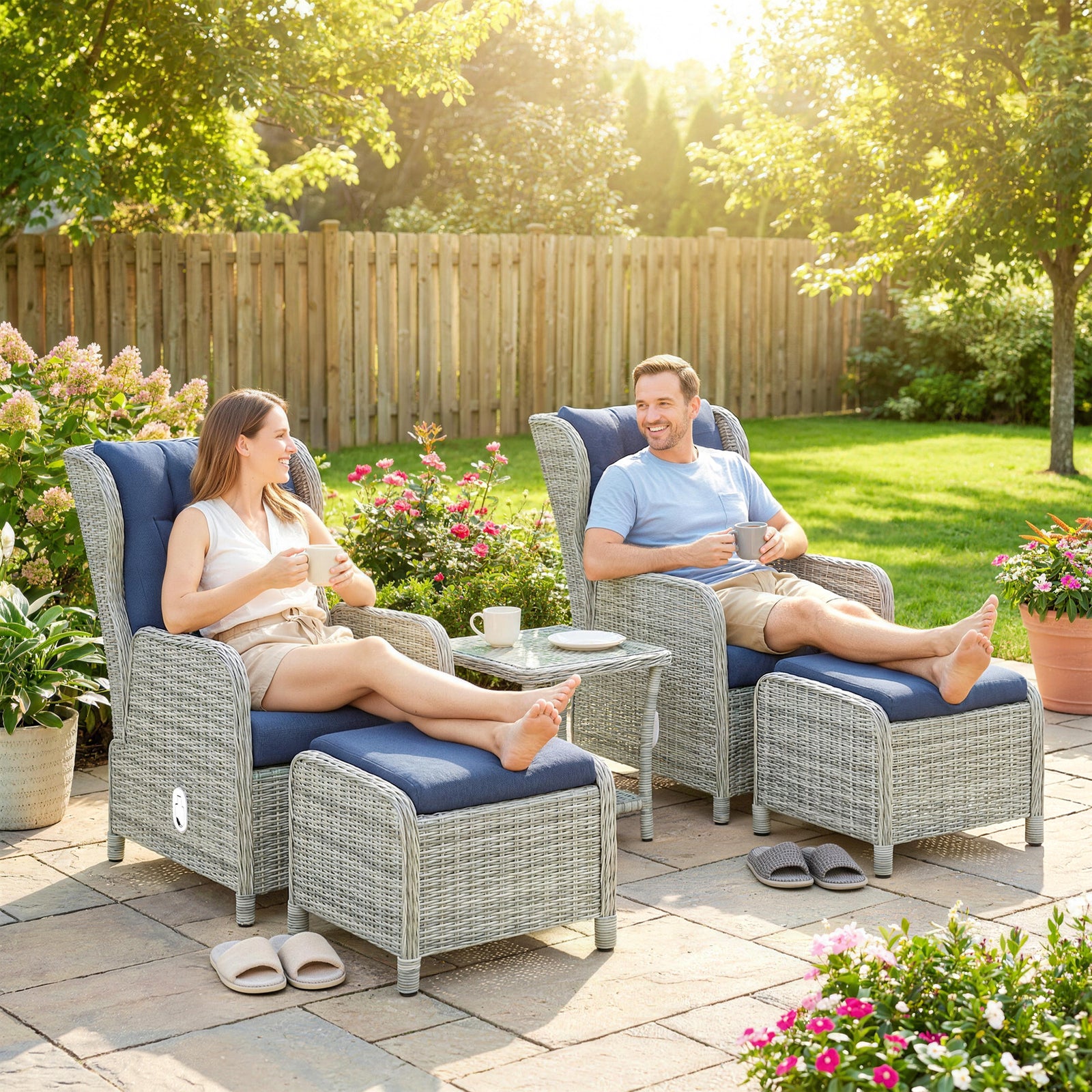 Garden Furniture Set, Rattan Reclining Garden Chair Set | Blue