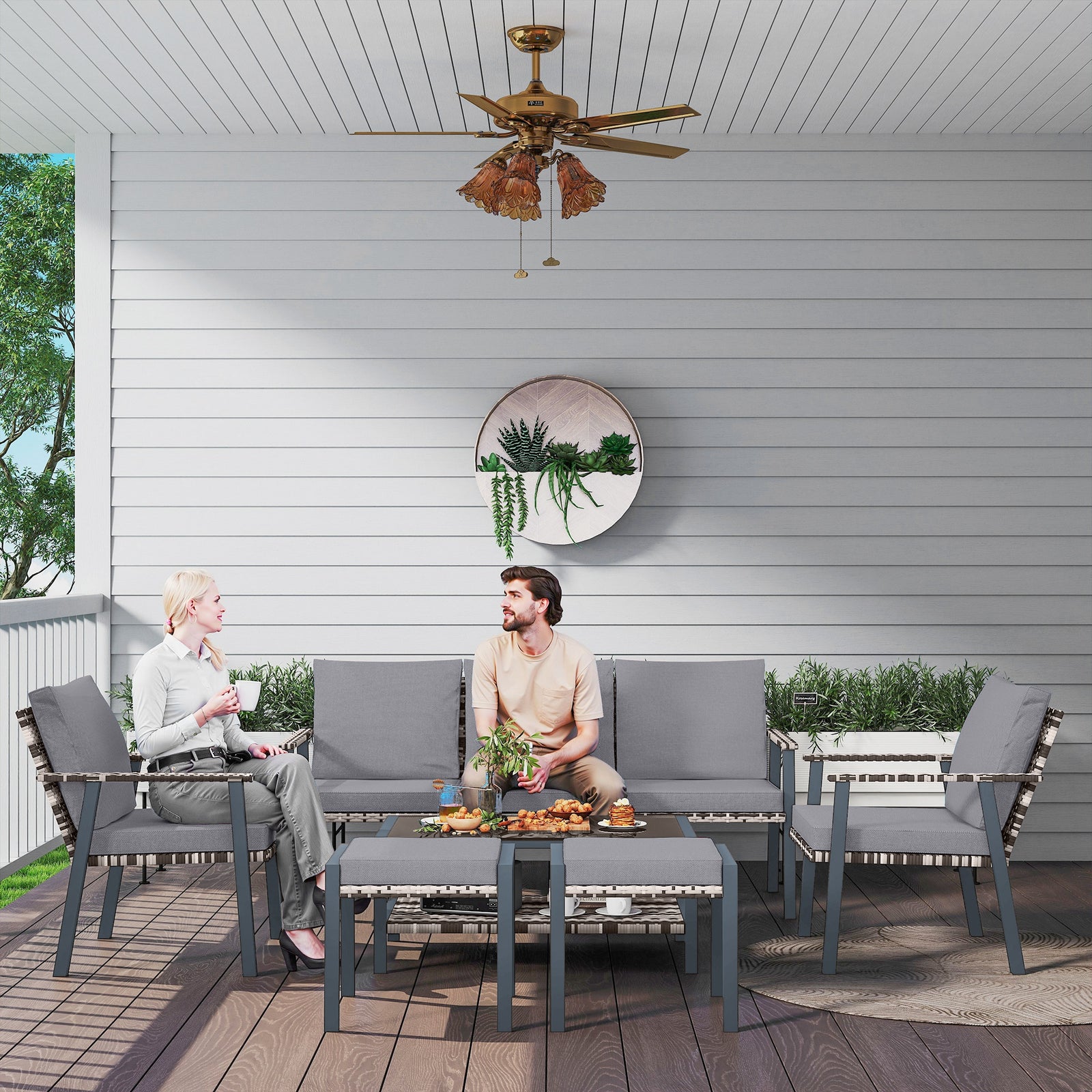 6 Piece Rattan Set, 7 Seater Sofa With Coffee Table