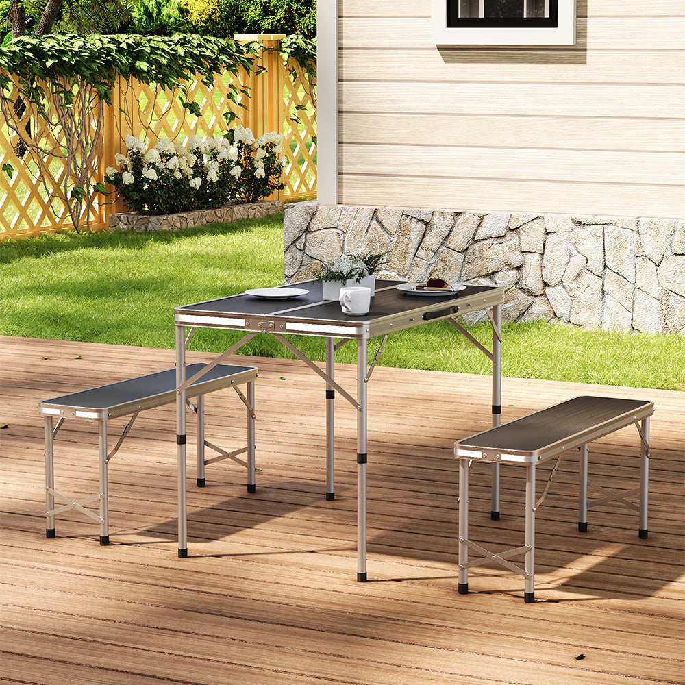 3 Pcs Picnic Table Set Aluminium Portable Folding Camping Table And Benches Set | Set of 3 | Black