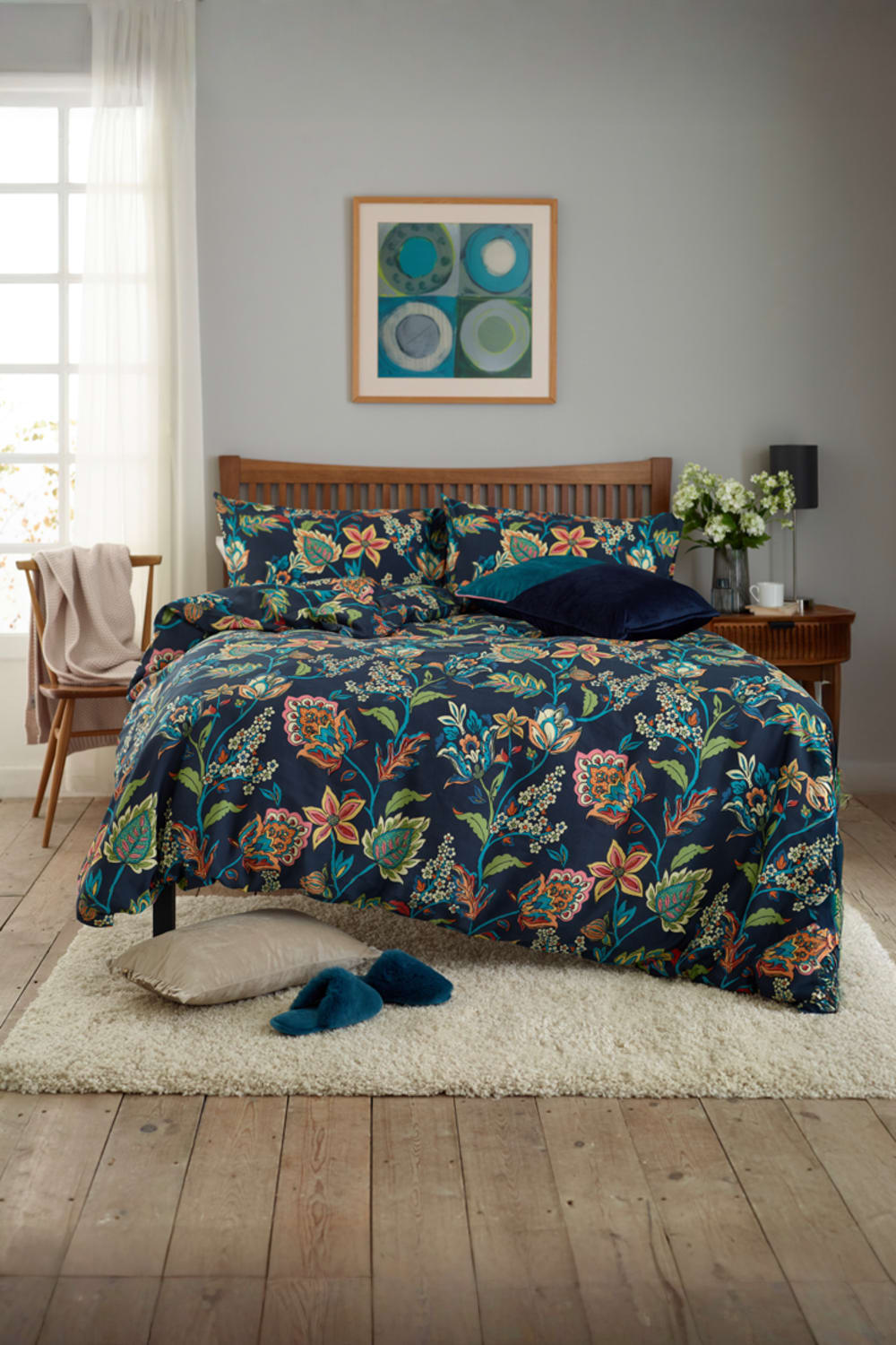 Jamboree Trail Easycare Duvet Cover Set – 200tc Cotton Rich Floral Bedding | King | Navy Blue