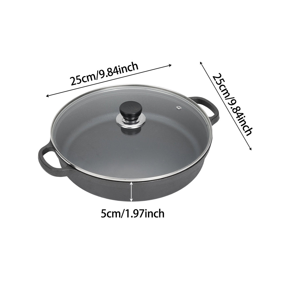 22cm/25cm/28cm Dia Pre-seasoned Round Cast Iron Braiser Pan With Lid & Double Handles | Medium