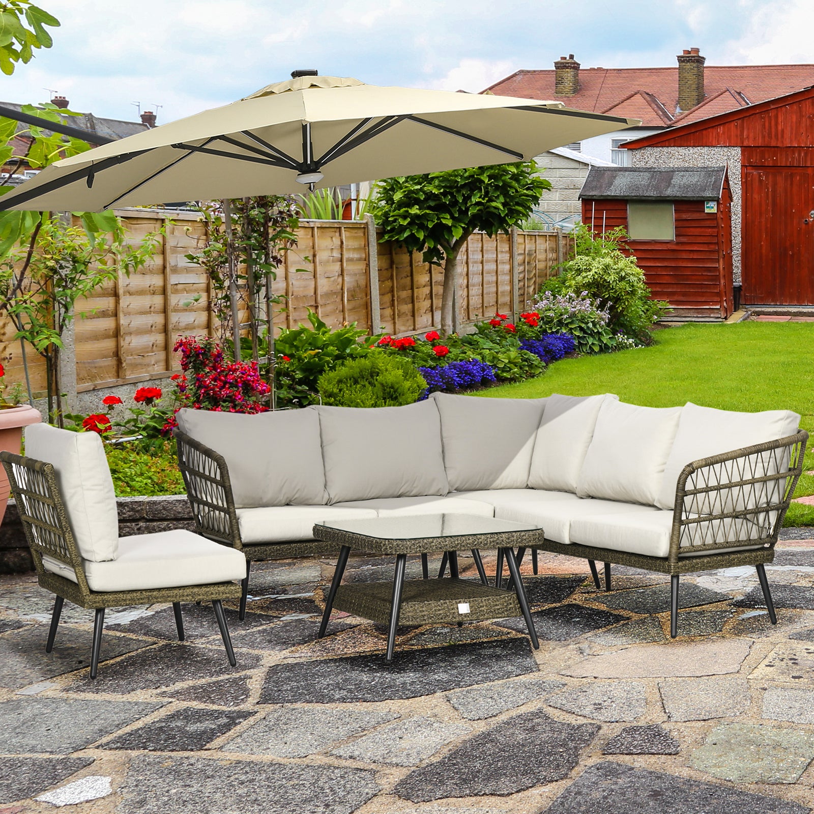 5 Pcs Rattan Corner Sofa W/ Glass Table