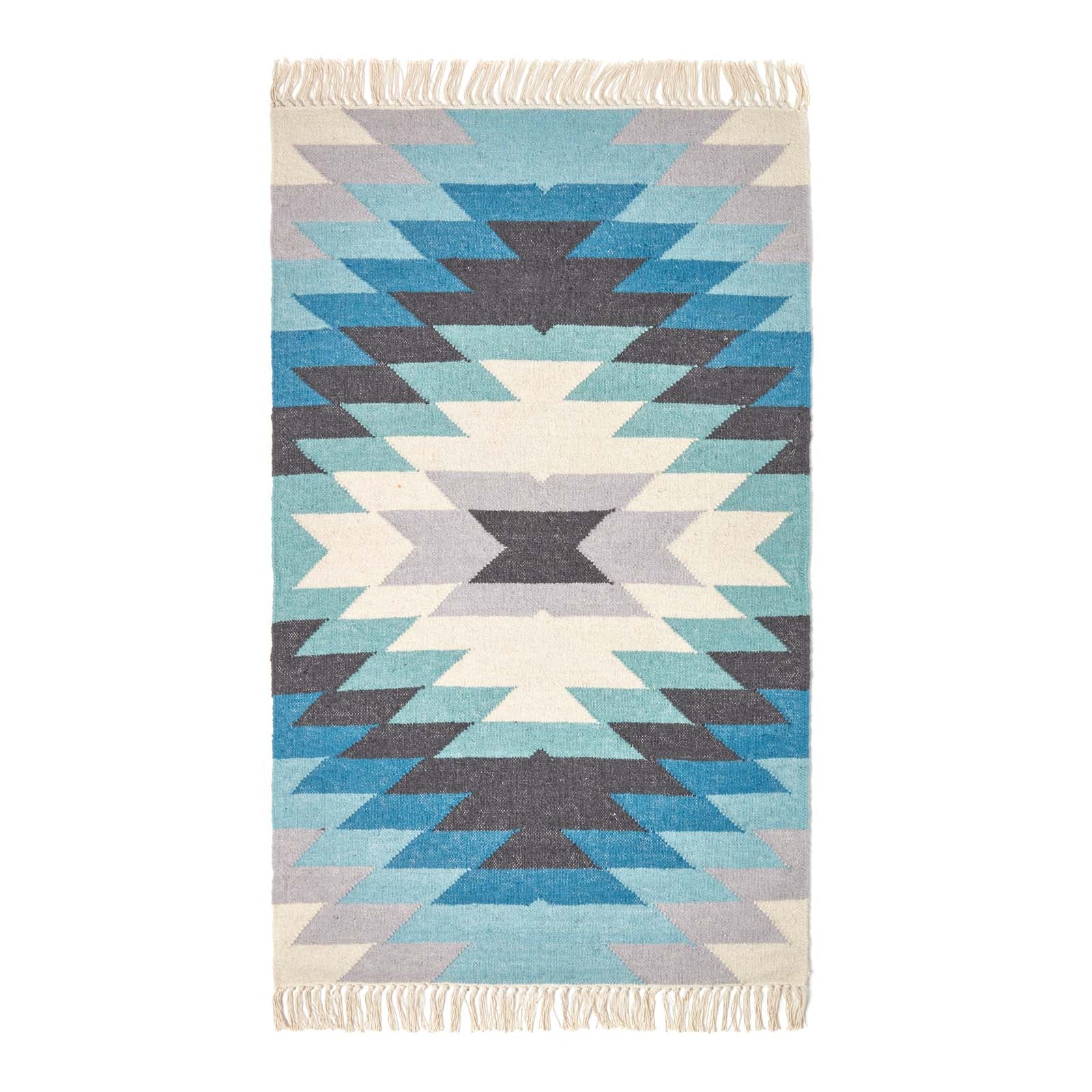 Helsinki Handwoven Geometric Blue Grey And Cream Kilim Wool Rug | 150cm x 95cm | Blue & Grey