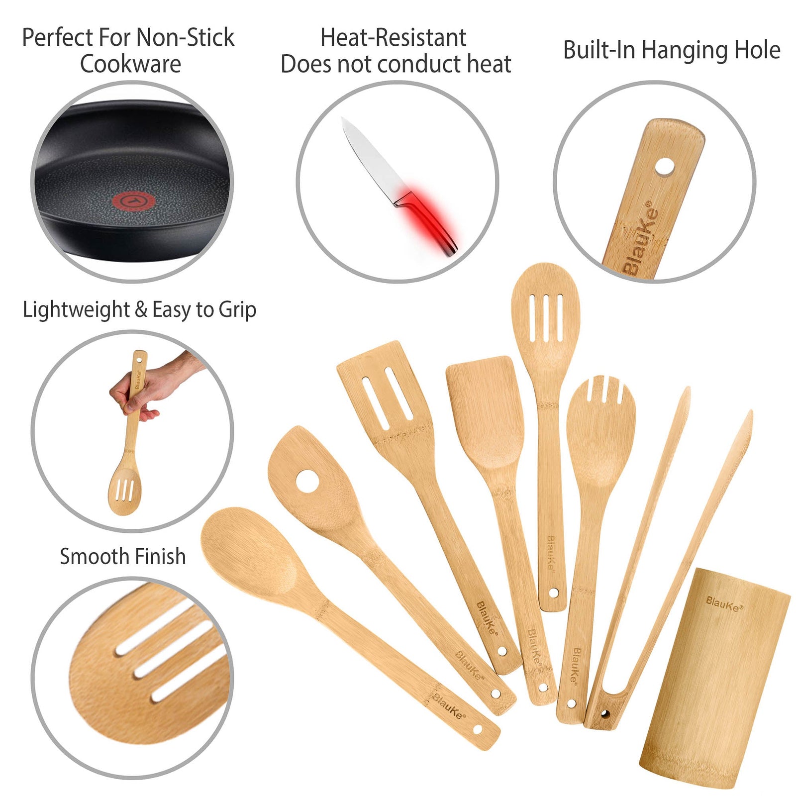 BlauKe Wooden Kitchen Utensils Set Of 8 - Non-stick Bamboo Cooking Utensils - Wooden Spatulas, Wooden Spoons, Tong, Utensil Holder
