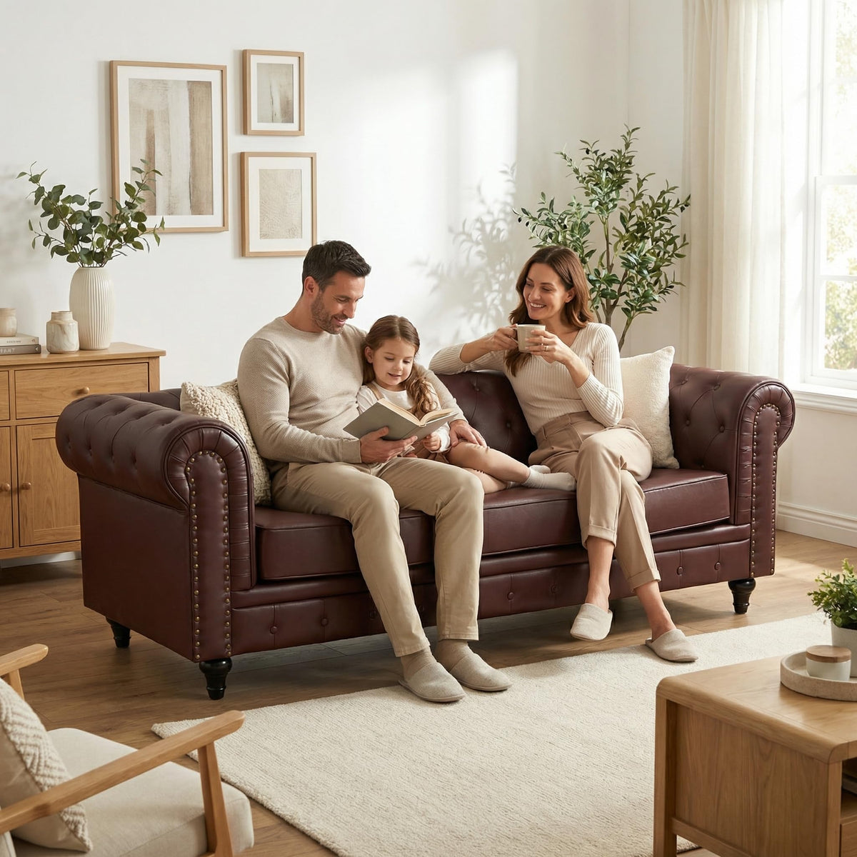 Chesterfield Scroll Arm Faux Leather Sofa 3 Seater | Brown
