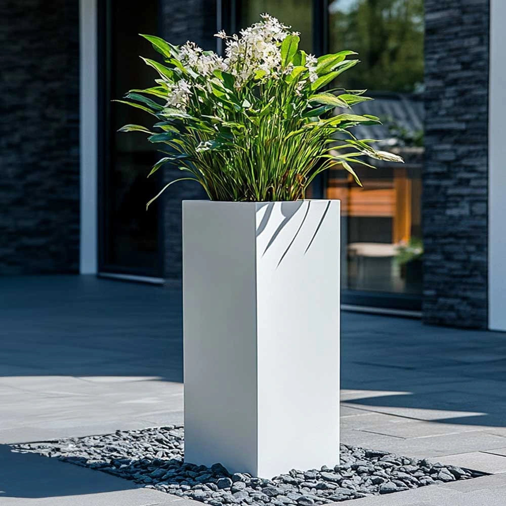 Zinc Galvanised Tall Square Planter | 40cm x 40cm x 100cm | White