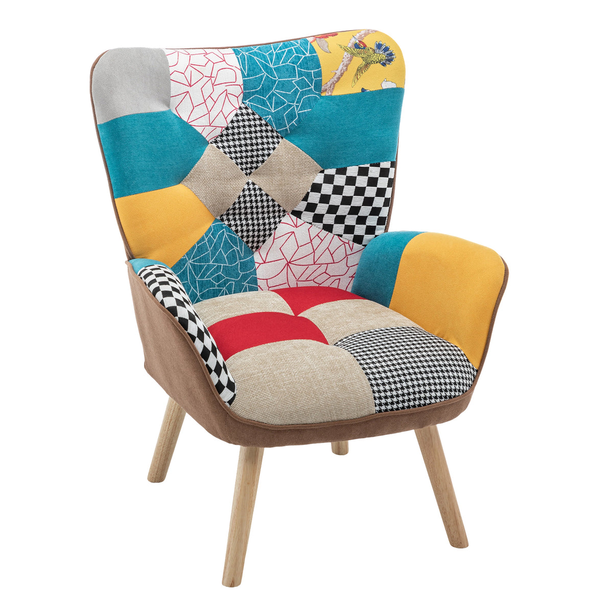 Breeins Cozy Linen Upholstered Block-Stitch Lounge Chair with Wooden Base