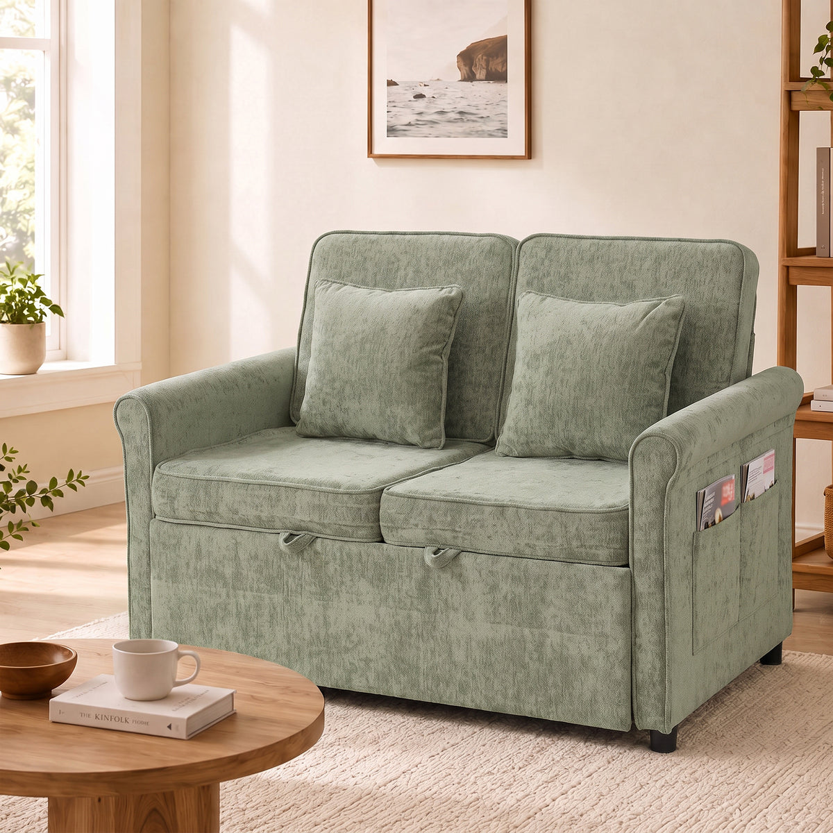 2 Seater Sofa Bed, 3-in-1 Convertible Pull Out Sofa Bed | Light Green