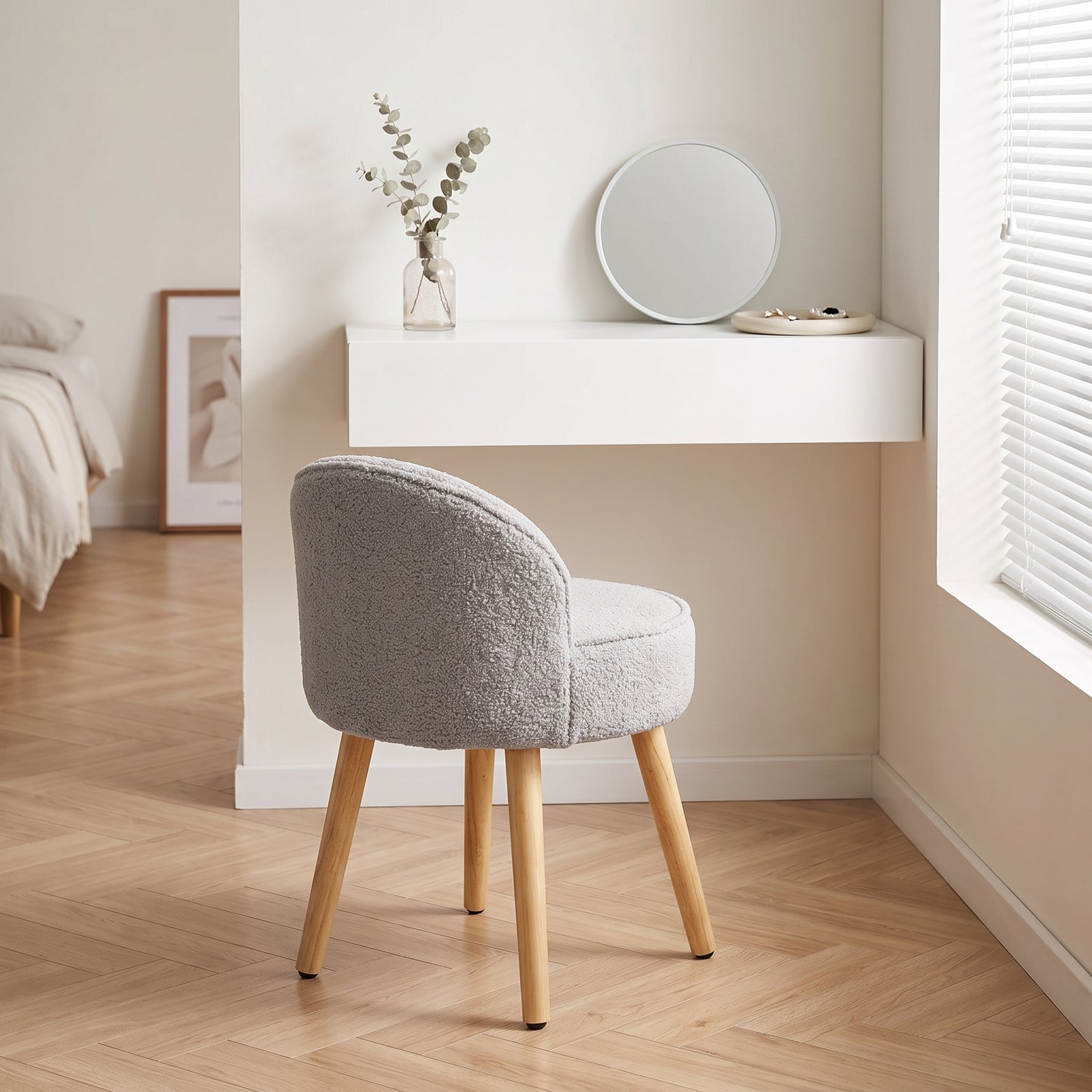 Teddy Fleece Dressing Table Stool With Rubberwood Legs | Grey