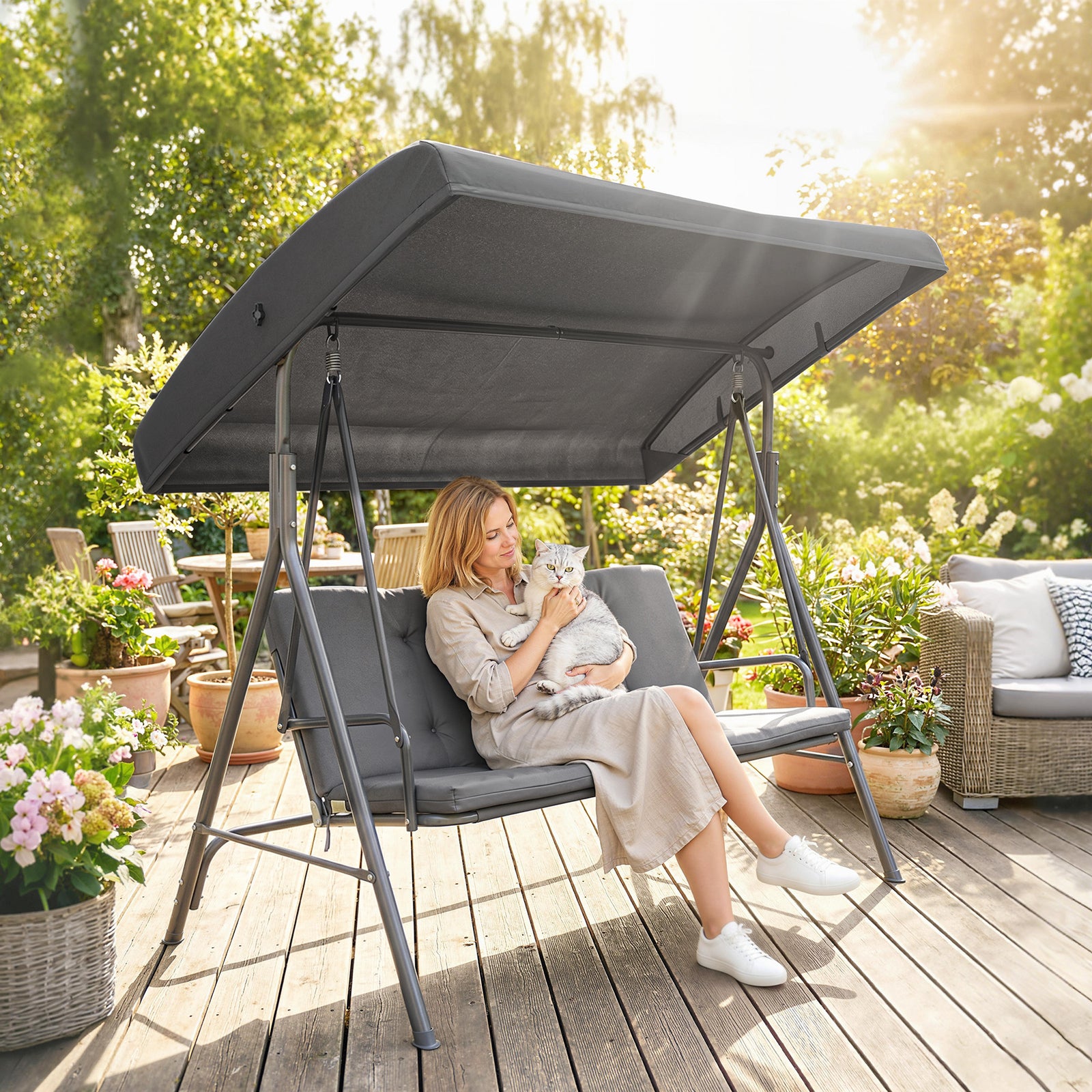 Outsunny 3 Seater Garden Swing Chair, Patio Rocking Bench With Steel Frame