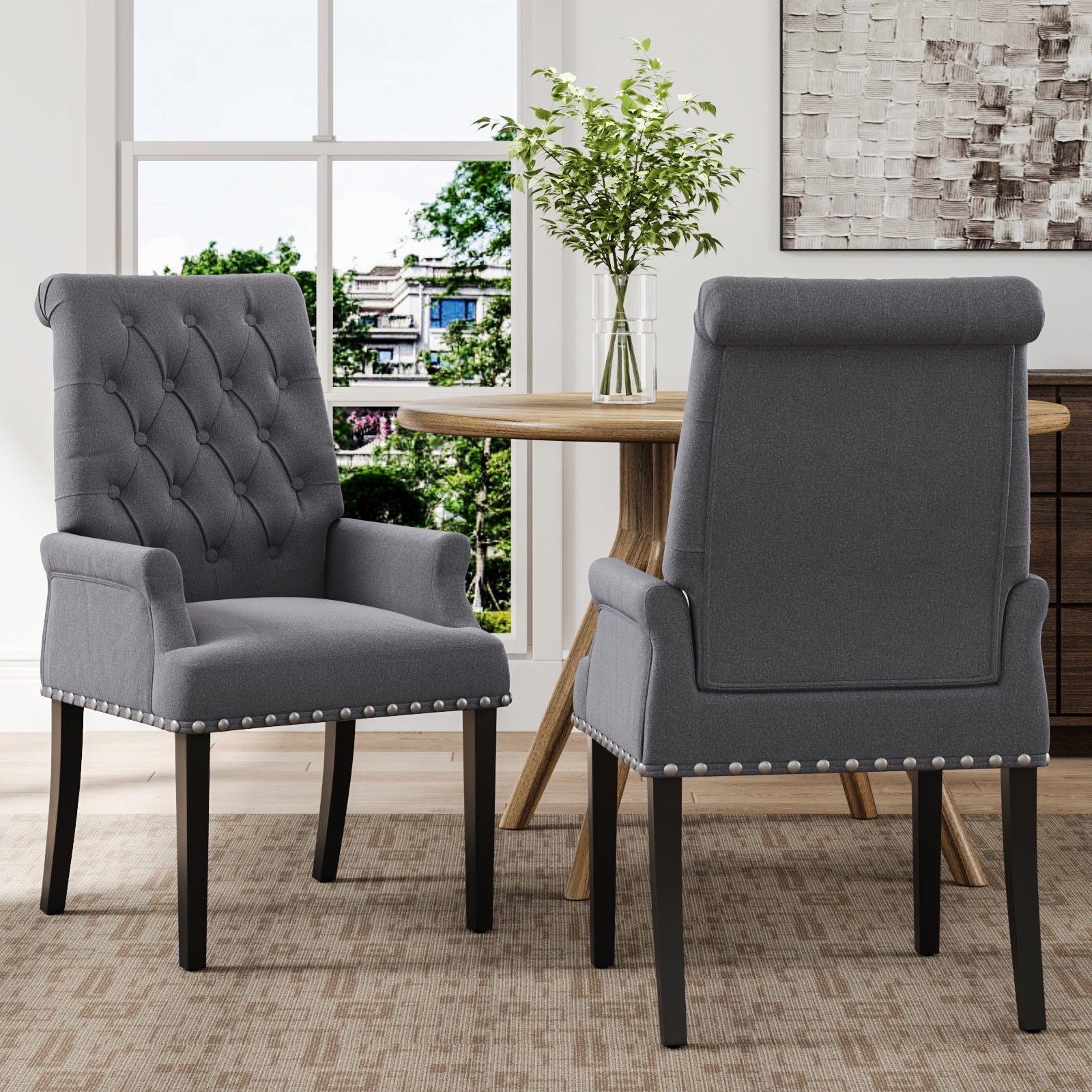 Classic Upholstered Armchair Tufted Back Fabric Dining Chair With Nailhead Detailing | Grey