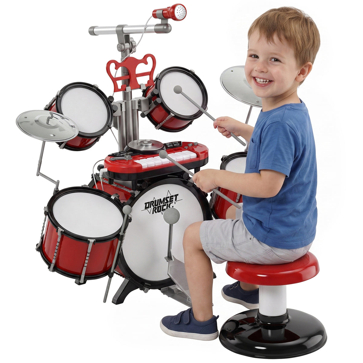 HOMCOM Kids Drum Set For Beginners With Stool, Educational Musical Toy, Red