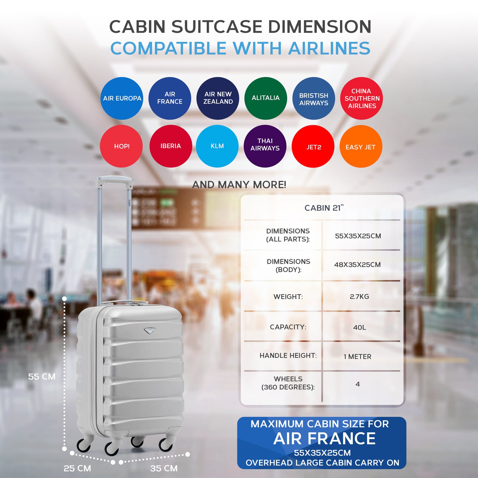 55x35x25cm Lightweight Suitcase - Cabin Carry On - Hard Shell - 4 Wheels Overhead Luggage | Cabin | Silver