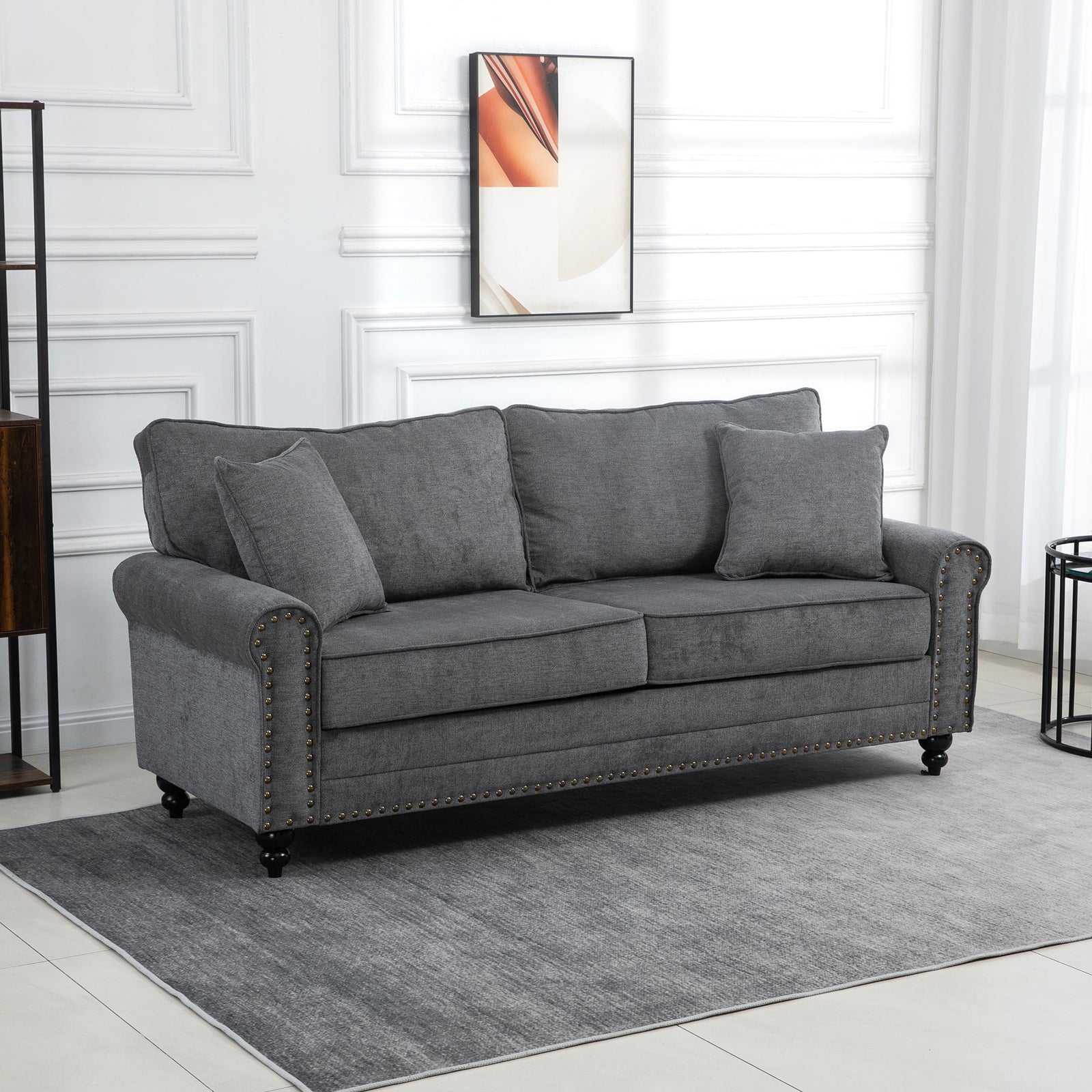 Fabric Sofa 3 Seater Sofa With Throw Pillow | One Size | Gray