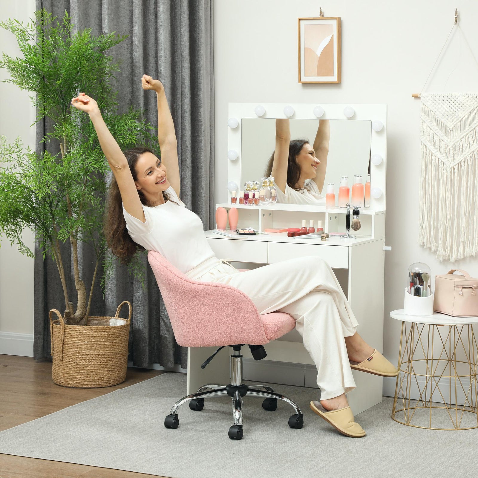 Vanity Chair For Desk, Wheels | Pink