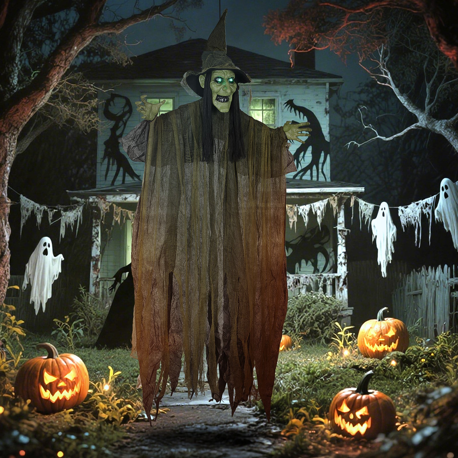 Voice Activated Halloween Animatronics Hanging Witch | Green
