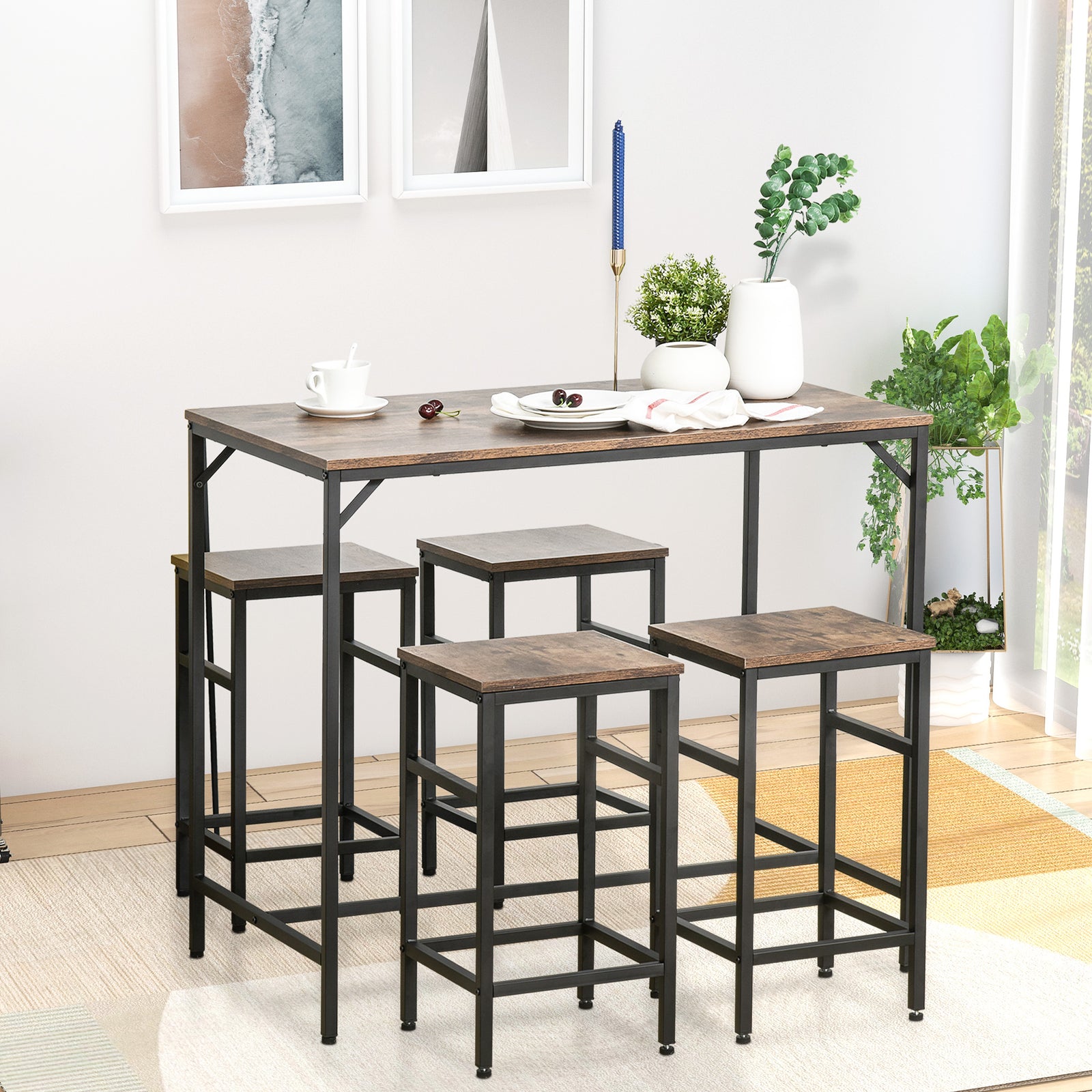 Industrial Dining Table Set With 4 Stools