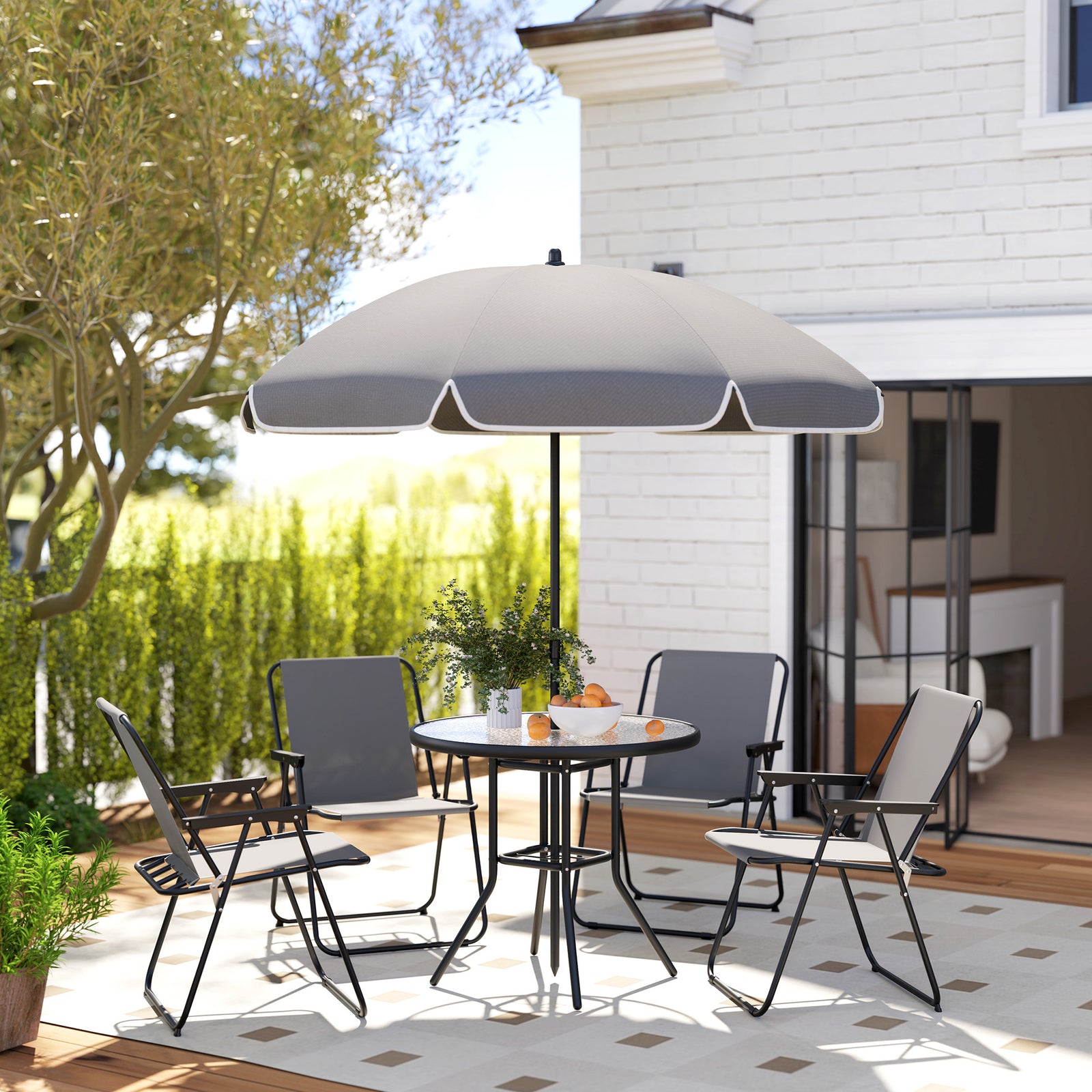 6 Pieces Garden Furniture Set W/ Parasol, Folding Chairs | Gray