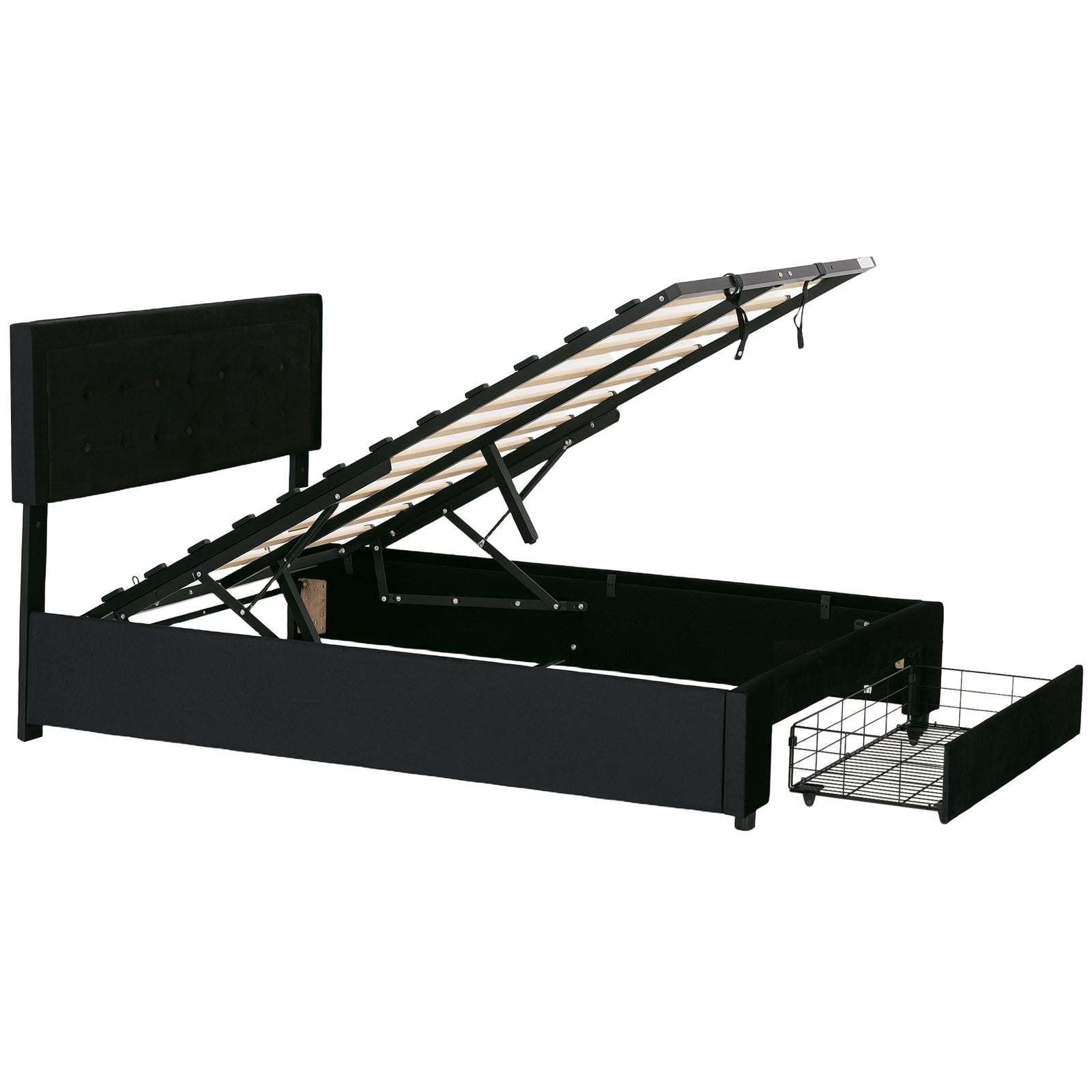 Double Bed Frame With Storage And Adjustable Velvet Headboard | Black