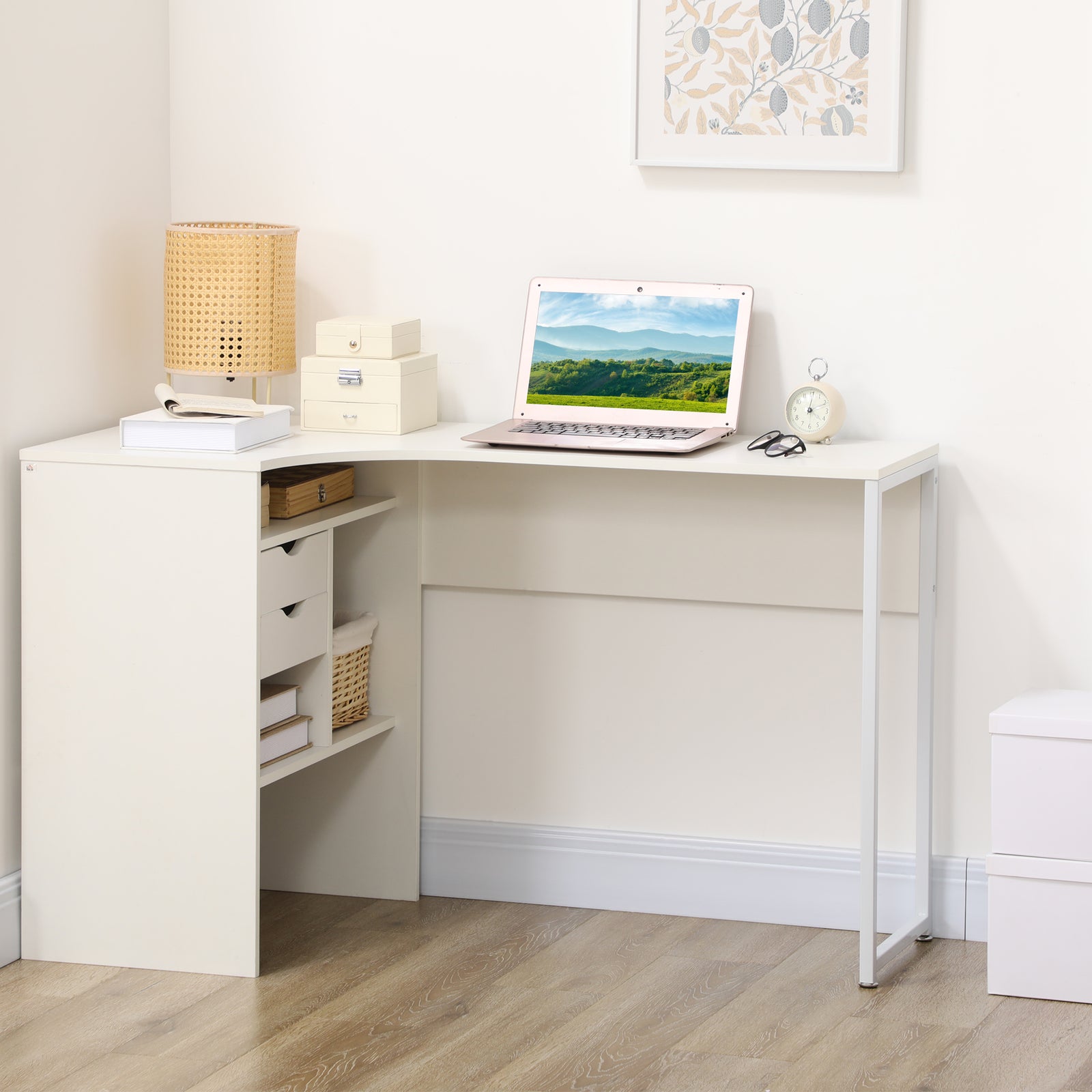 L-shaped Corner Computer Desk Study Table W/ Storage Shelf | White