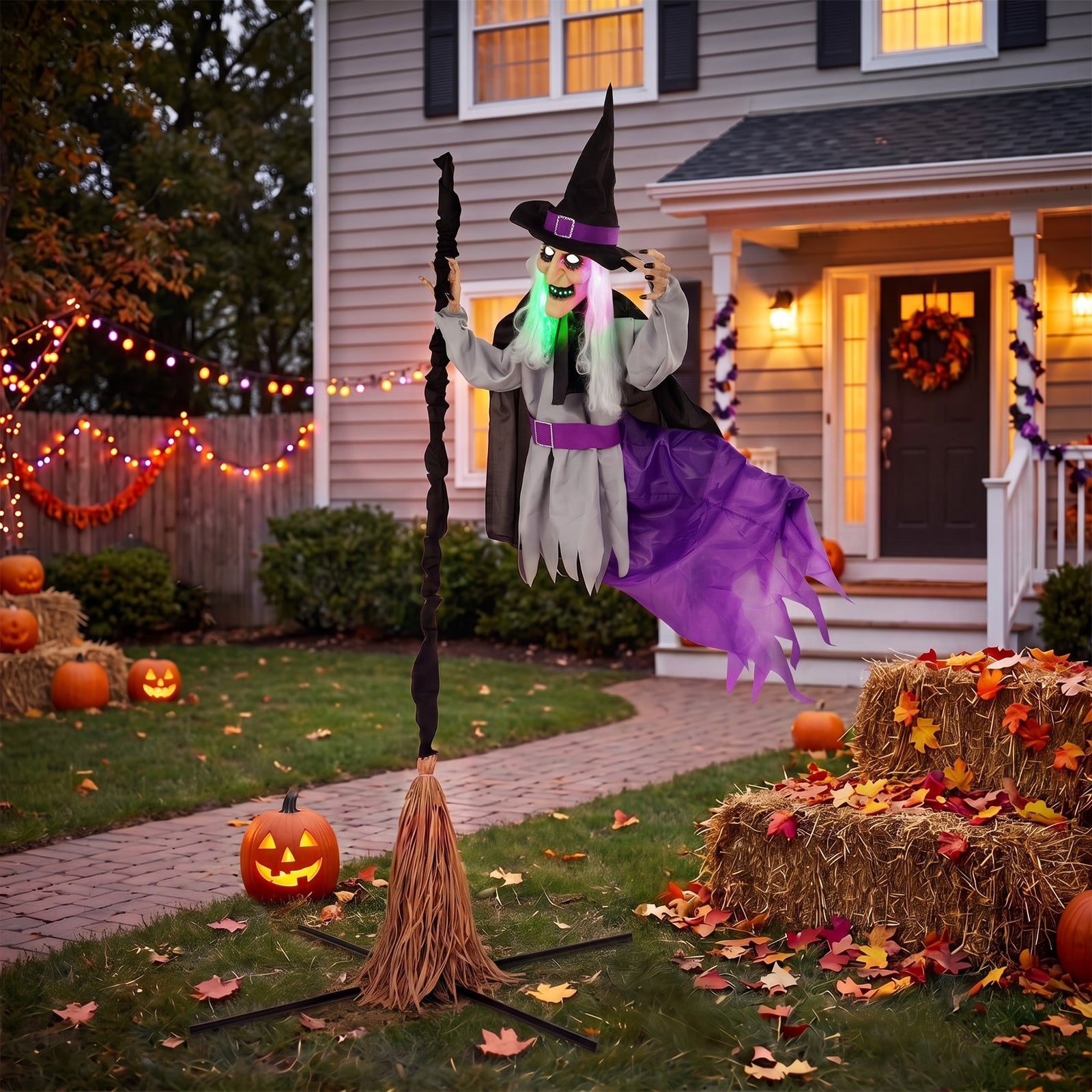 HOMCOM 200cm Life Size Animated Witch, Scary Halloween Animatronic Decor