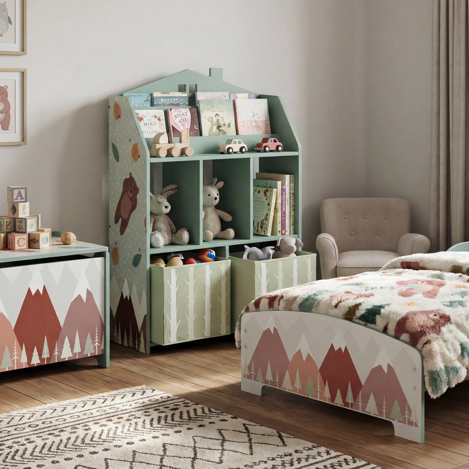 Kids Bookshelf With Storage, Toy Storage Unit For Playroom | Green