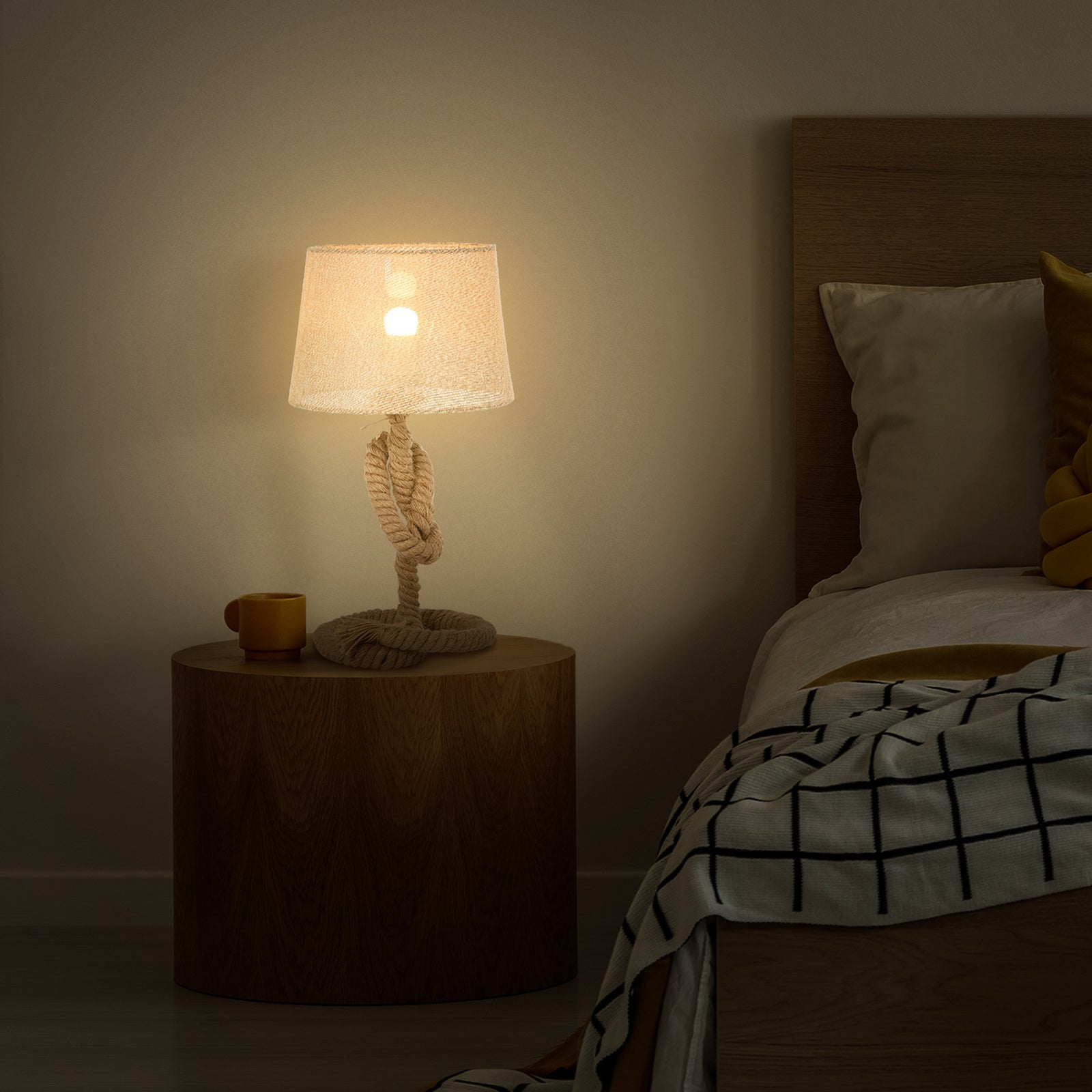 Nautical Style Rope-base Table Lamp W/ Fabric Lampshade