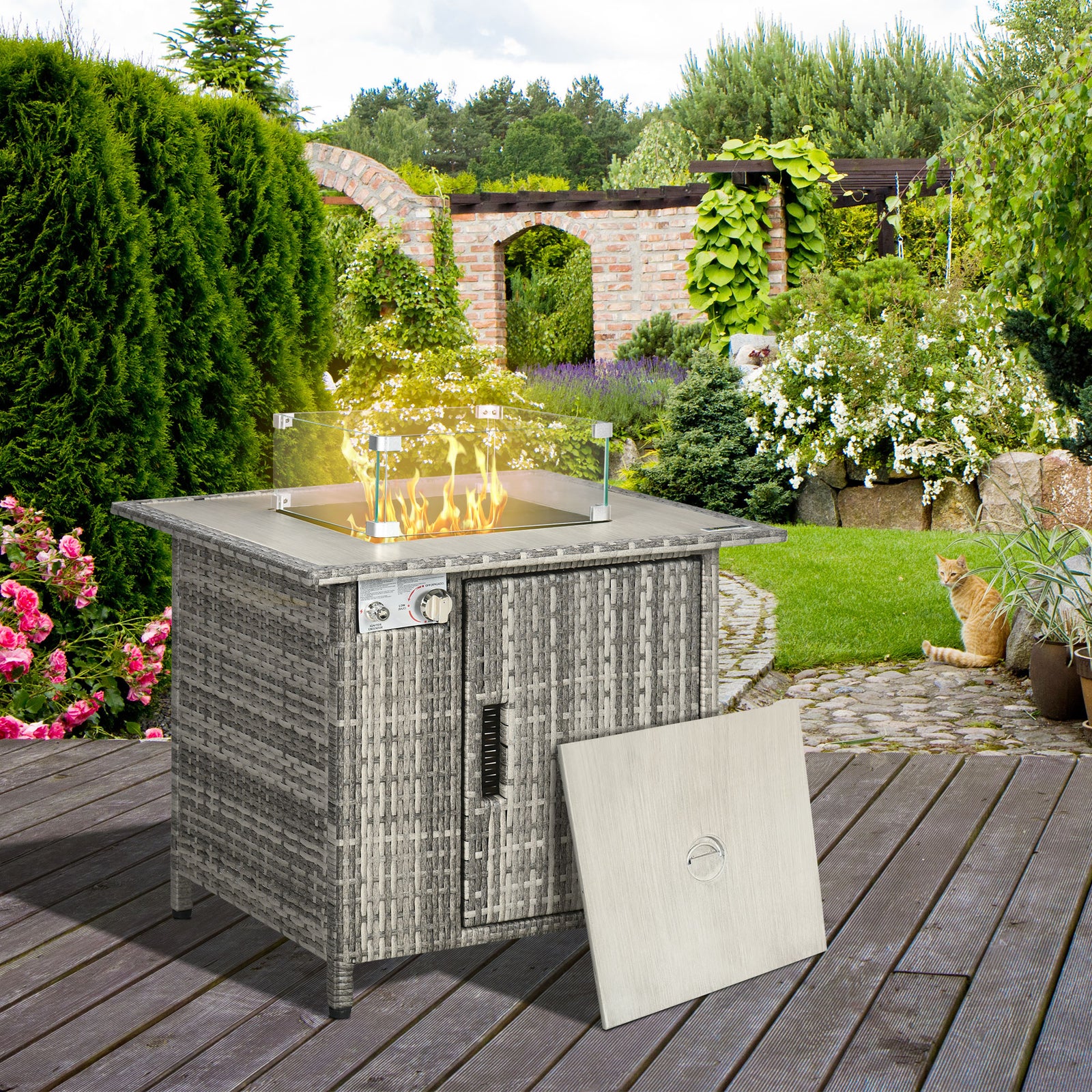 Pe Rattan Gas Fire Pit Table With Marble Desktop, Rain Cover