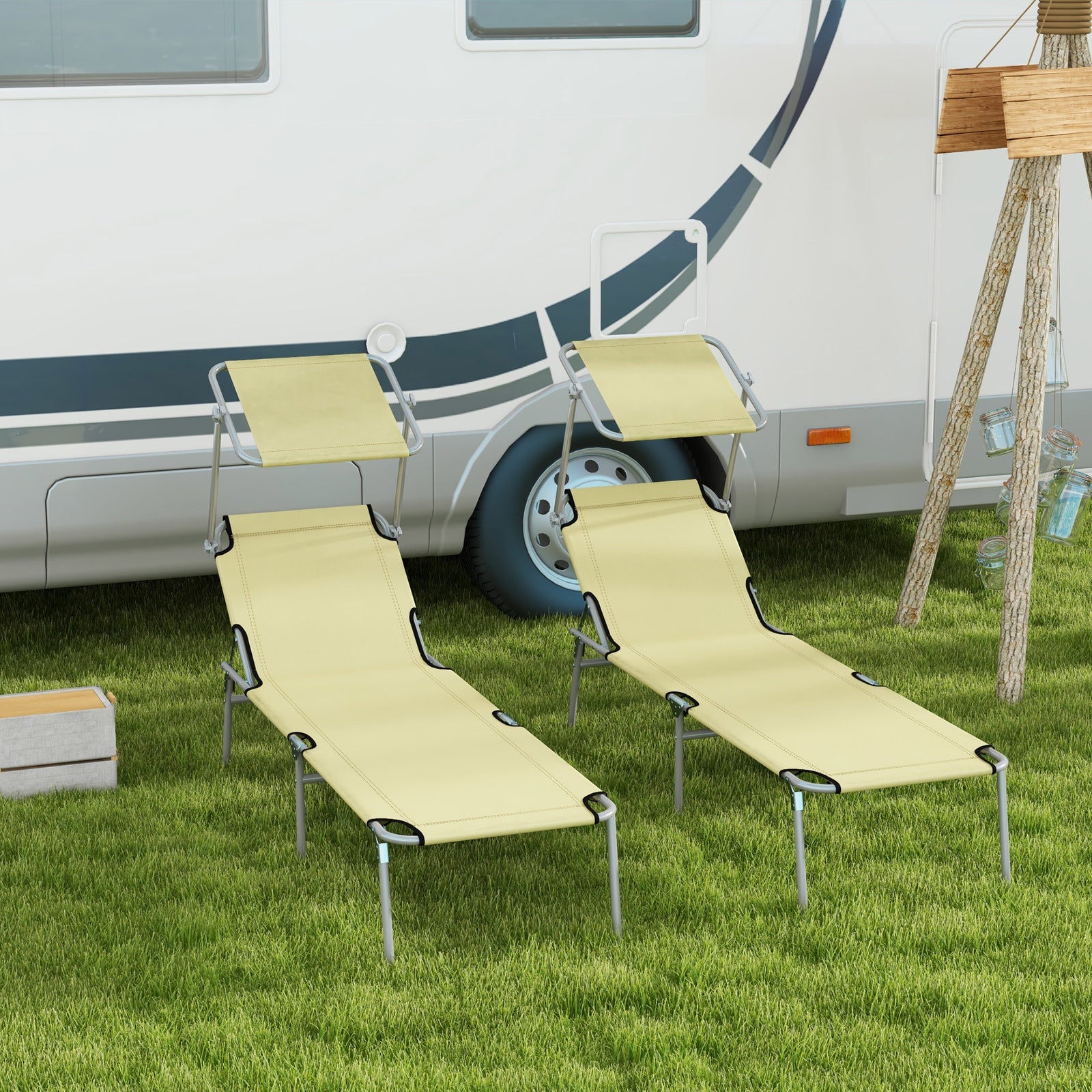 Reclining Sun Lounger Folding Recliner Garden Chair | Set of 2 | Beige