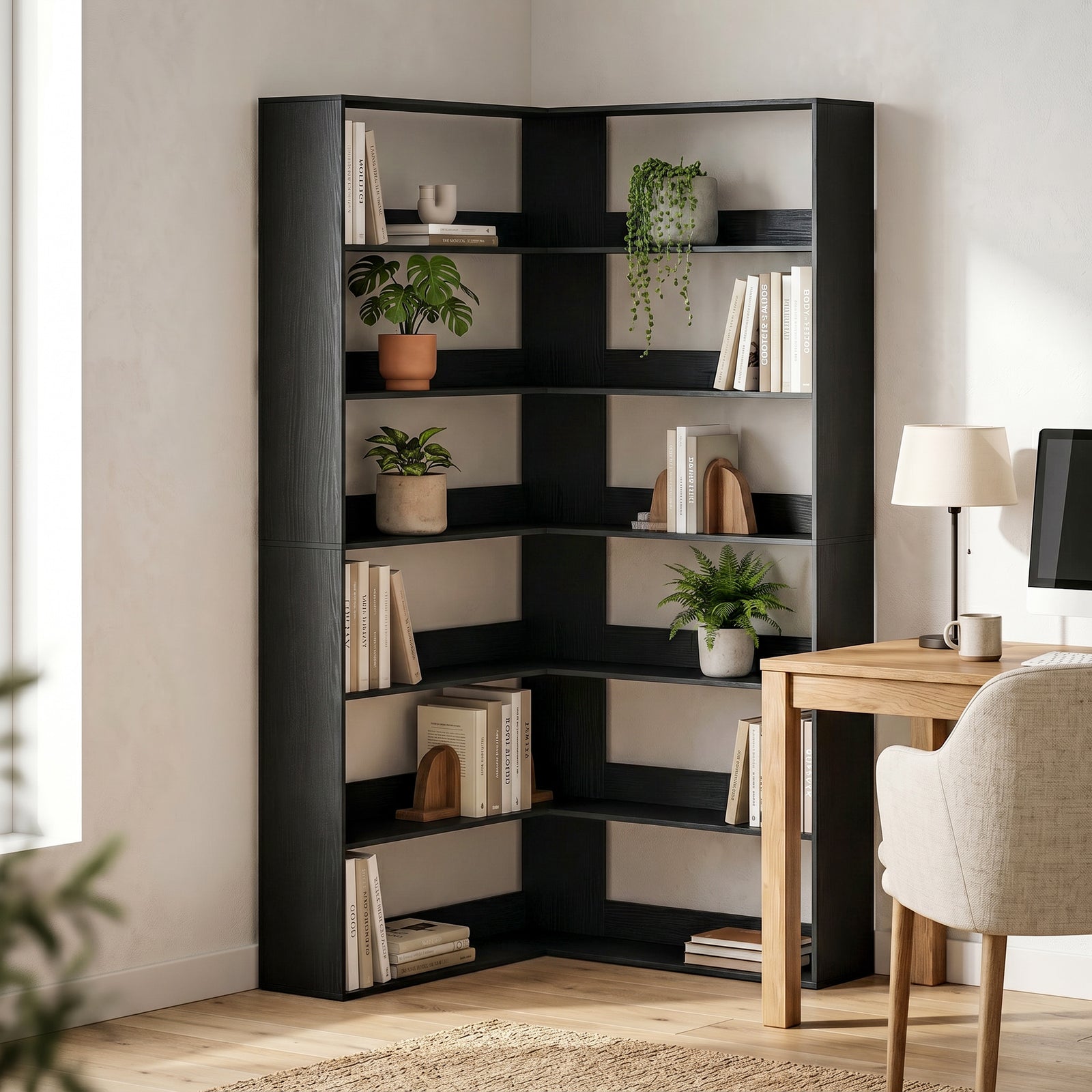 7 Tiers Corner Bookshelf, L-shaped | Black