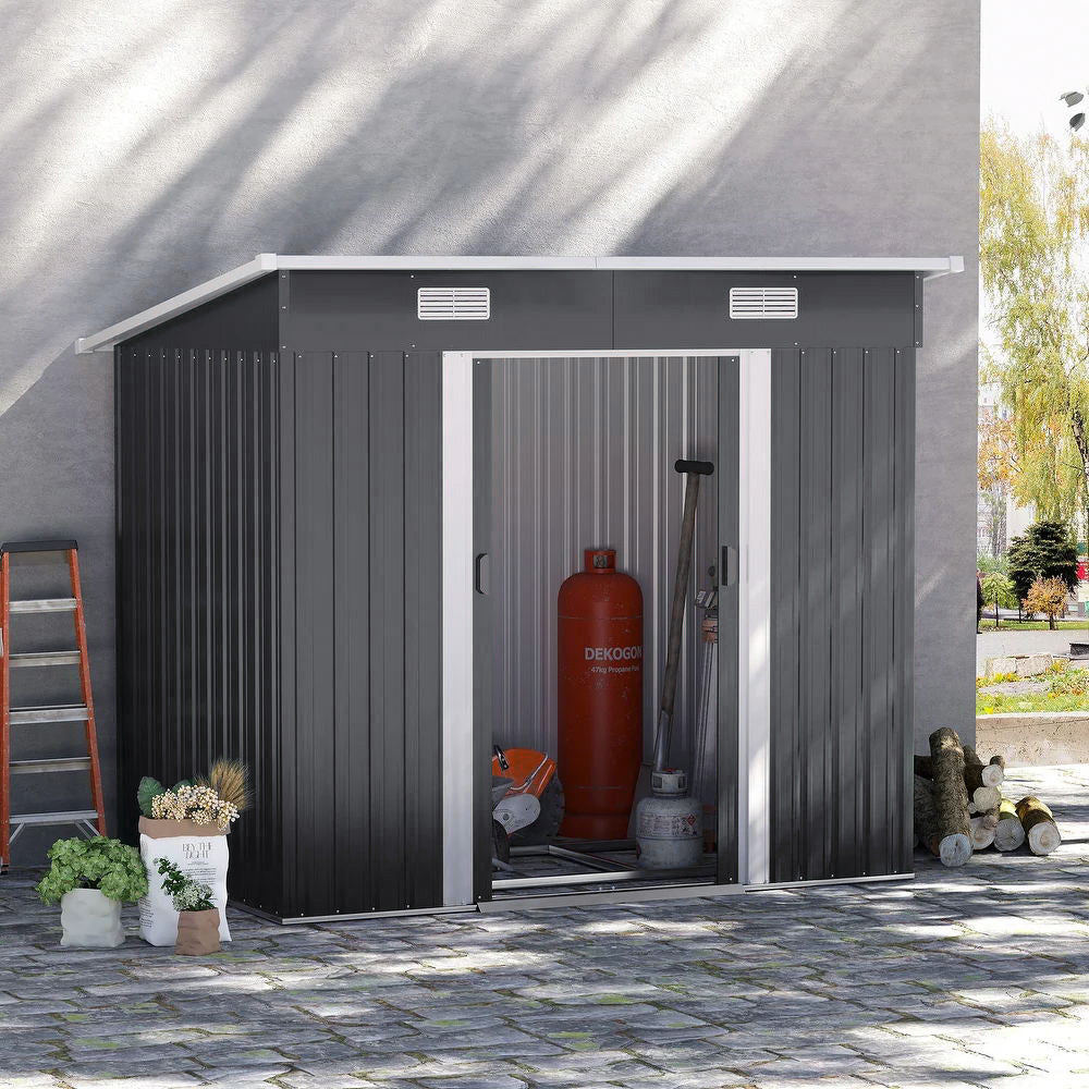 4x8ft Metal Storage Shed With Double Doors,ventilation And Foundation Frame Flat Roof Outdoor Tool Shed For Garden | Charcoal Black