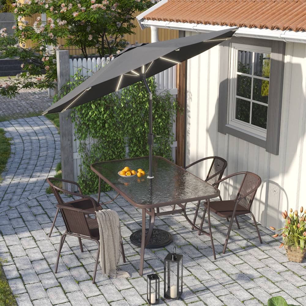 3m Solar Led Patio Umbrella, Outdoor Parasol With 16 Led Tubes, Crank Lift & Push Button Tilt With Cement Base | One Size | Dark Grey