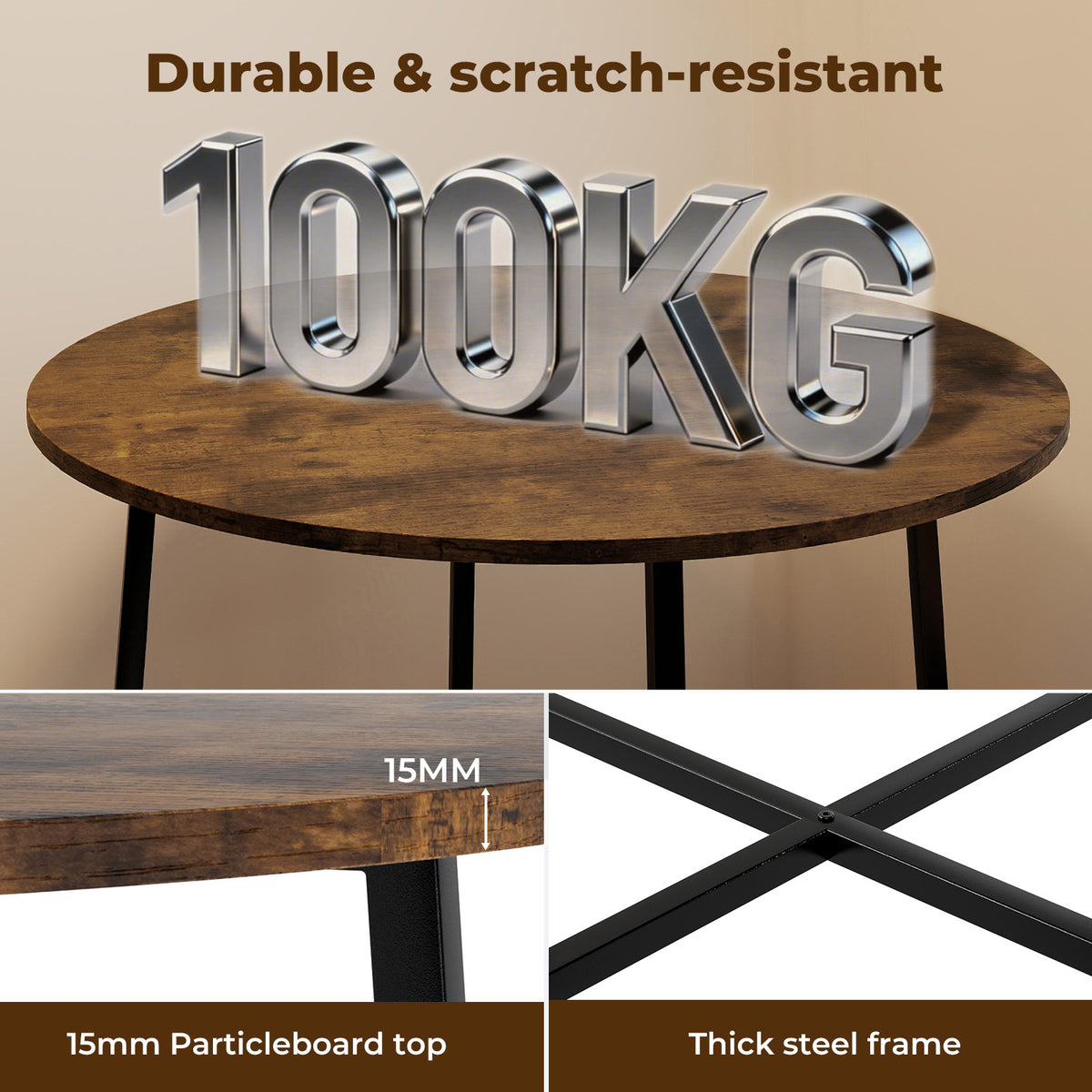 Dining Table Round Kitchen 4 Person Coffee Restaurant Metal Base 80cm | Brown