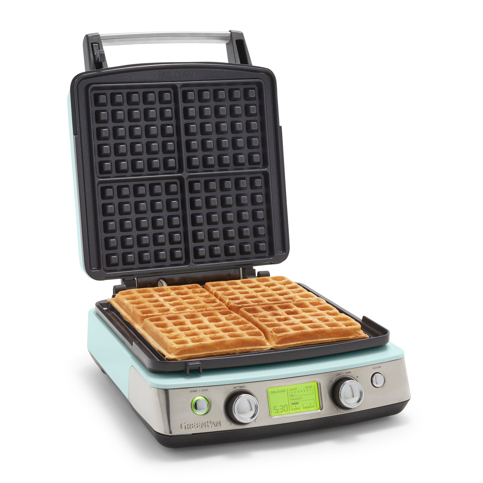 Elite Belgian Waffle Maker, Pfas-free Non-stick Ceramic Plates, Adjustable Controls | Light Blue