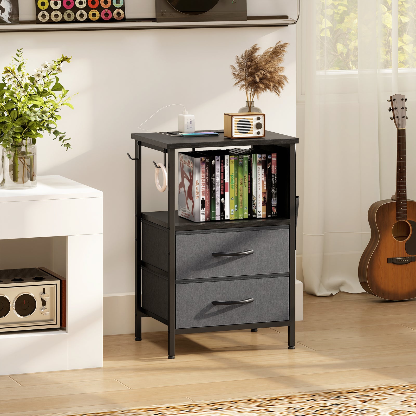 Slim Side Table With Charging Station, Bedside Table | Black
