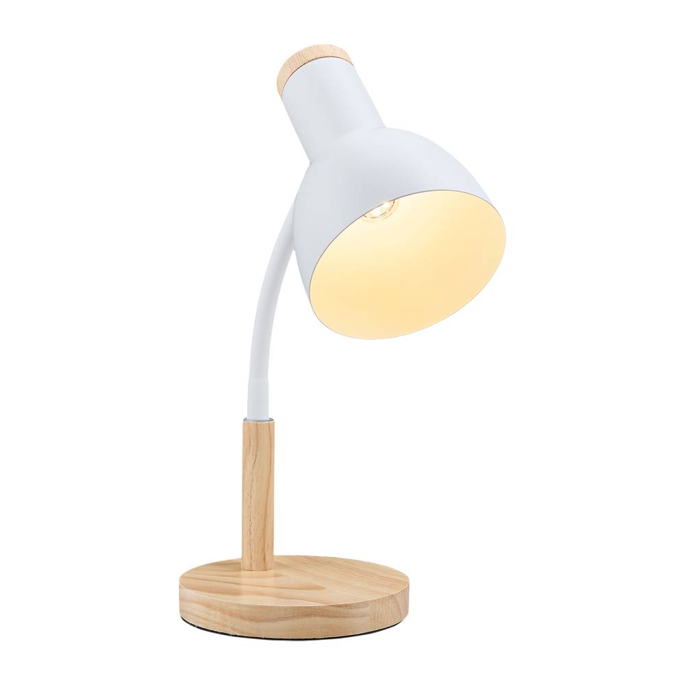 White Table Lamp With Flexible Arm And Wooden Base