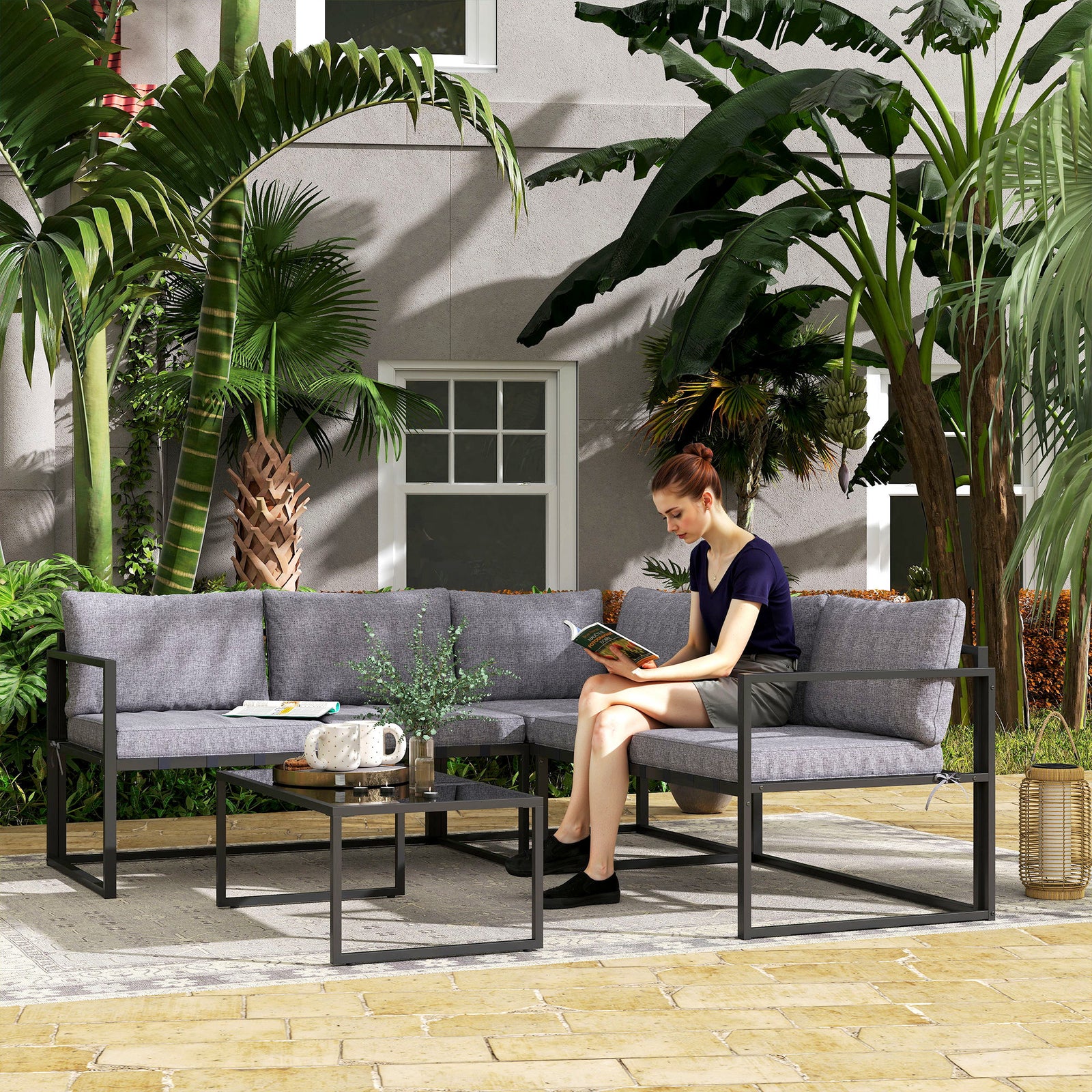 Grey 3-piece L-shaped Garden Sofa Set